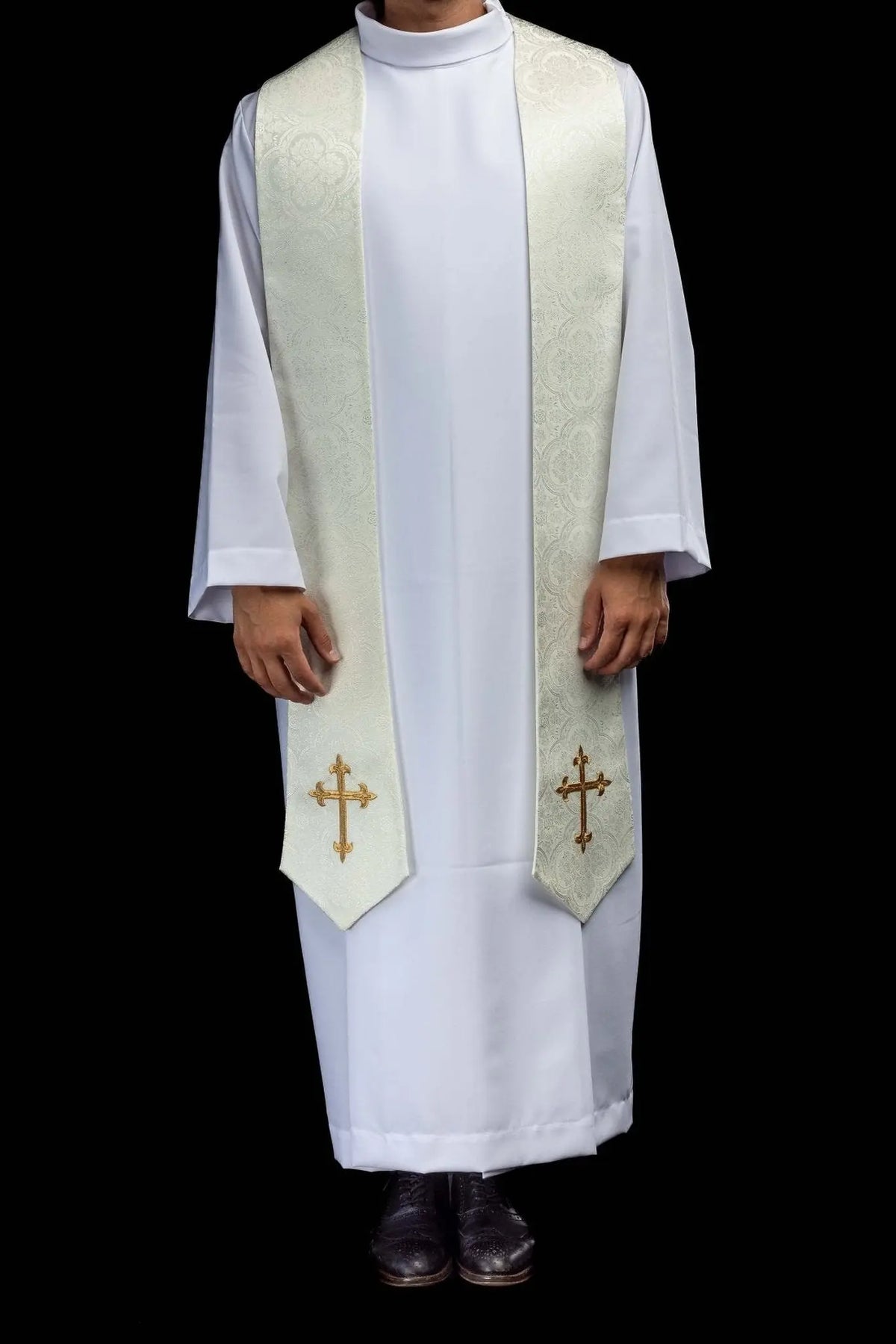 Ecru priest stole with gold crosses, worn front view