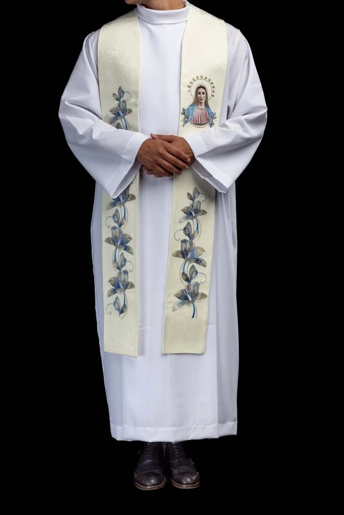 Ecru stole with Our Lady of Medjugorje and floral embroidery, worn front view