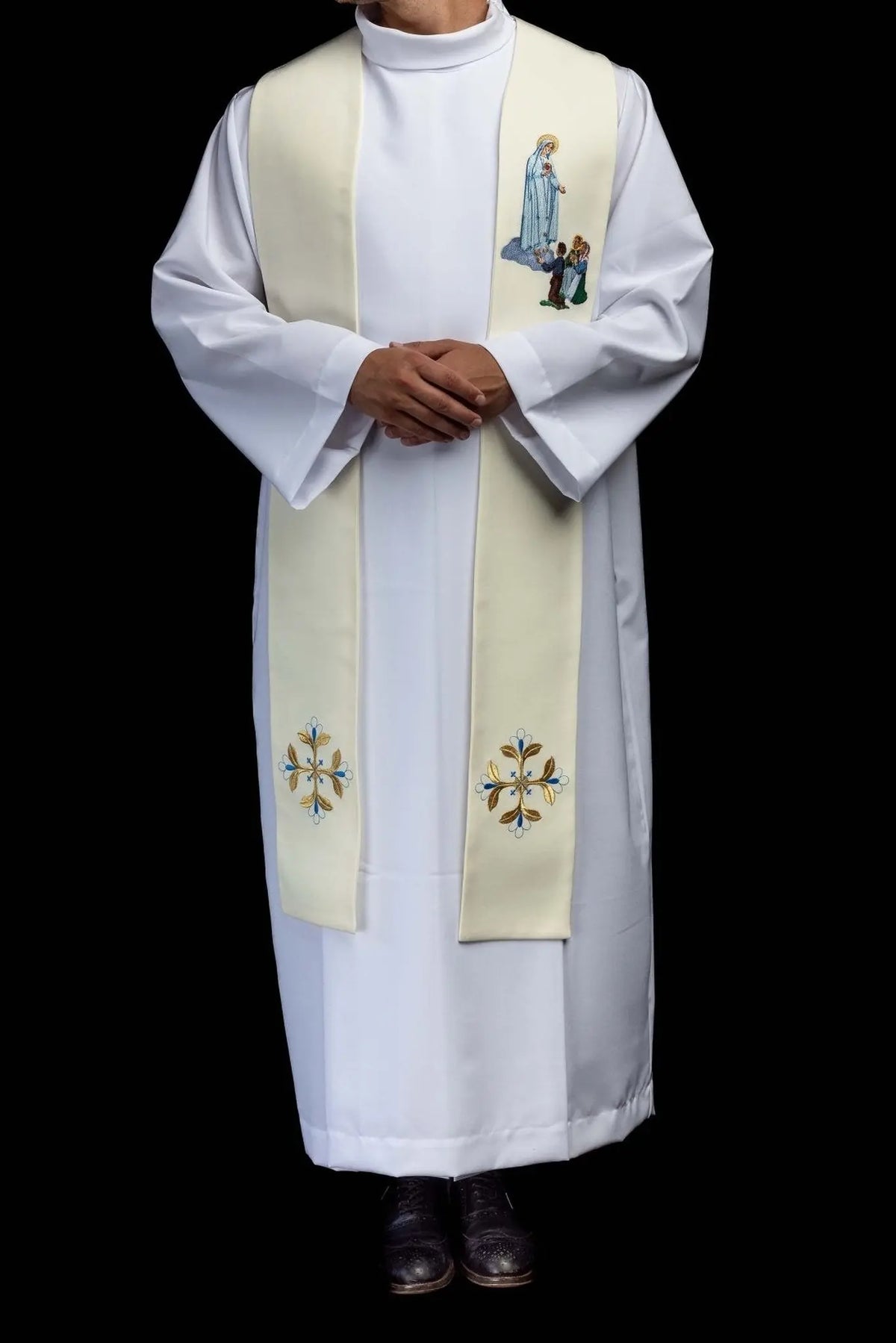 Ecru stole with Our Lady of Fatima and floral cross embroidery, worn front view