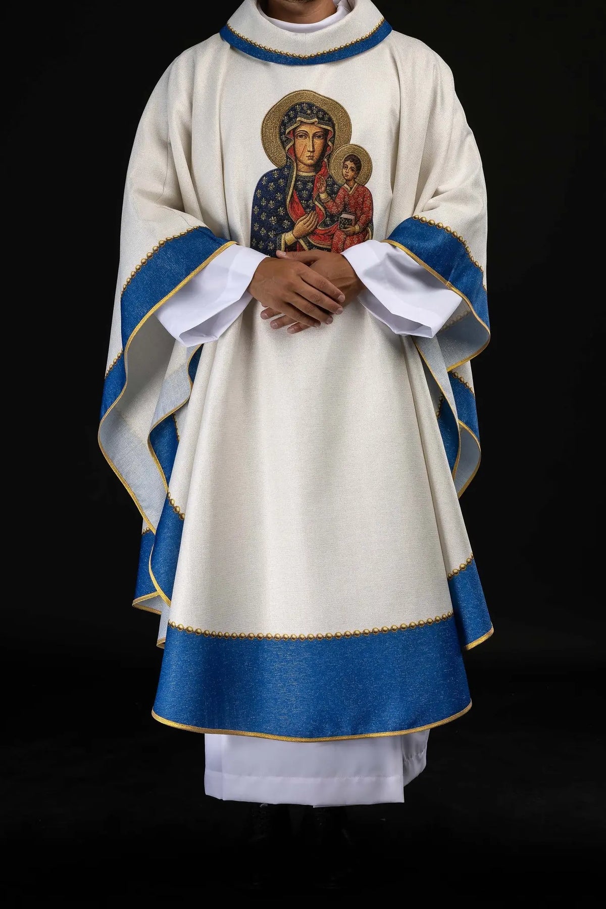 White chasuble with Our Lady of Częstochowa image, full front view