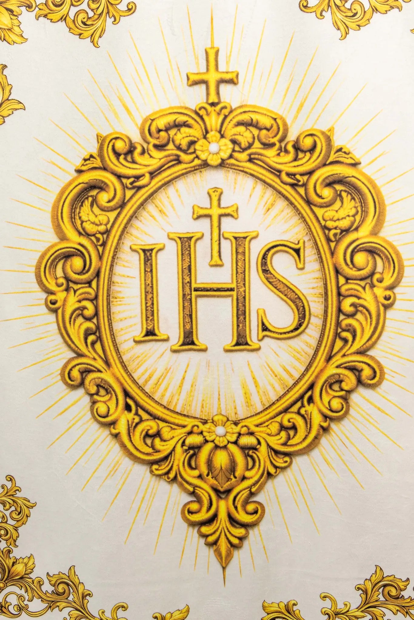 Double-sided printed processional banner featuring the Sacred Heart of Jesus on one side and the IHS symbol on the other, with gold ornamentation.