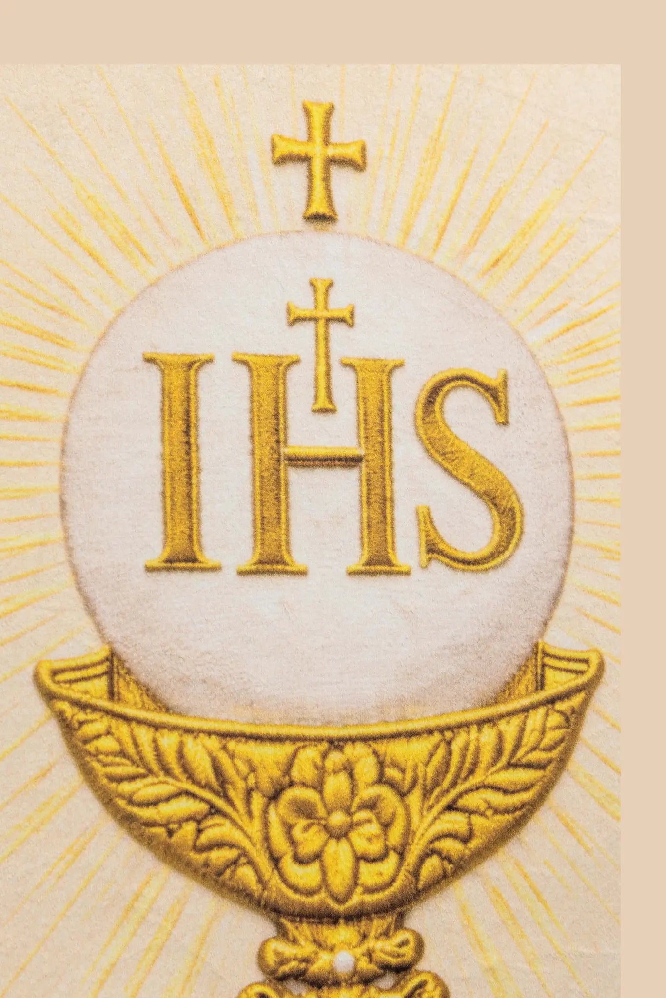 Double-sided printed processional banner featuring the Sacred Heart of Jesus on one side and an IHS chalice with host on the other, with gold ornaments and burgundy accents.