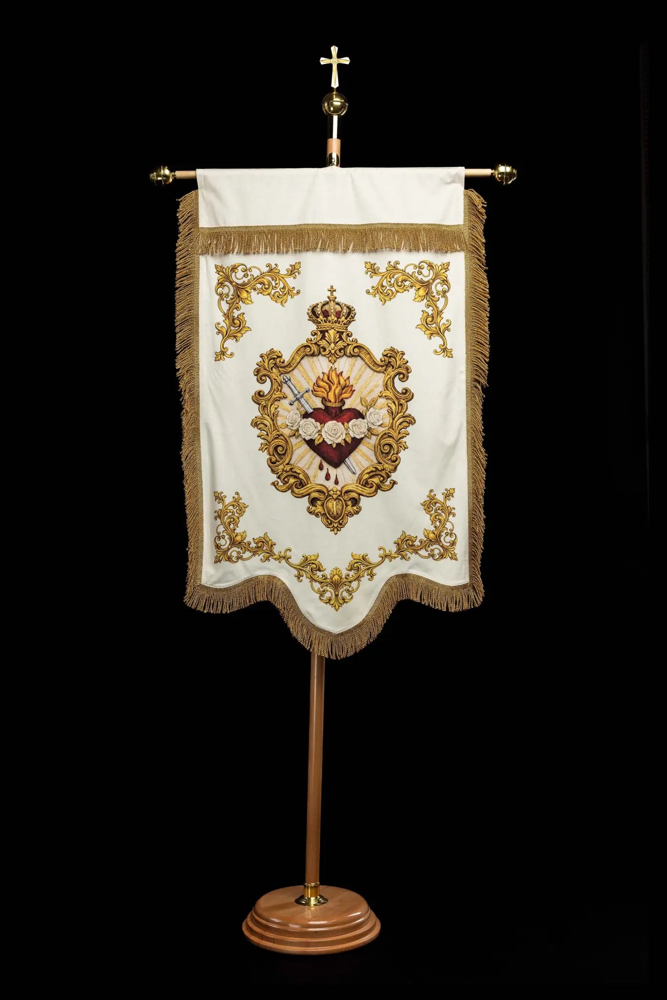Double-sided printed Marian banner featuring the Immaculate Heart of Mary on one side and a Marian monogram 'M' on the other, with gold ornamentation and crowns.