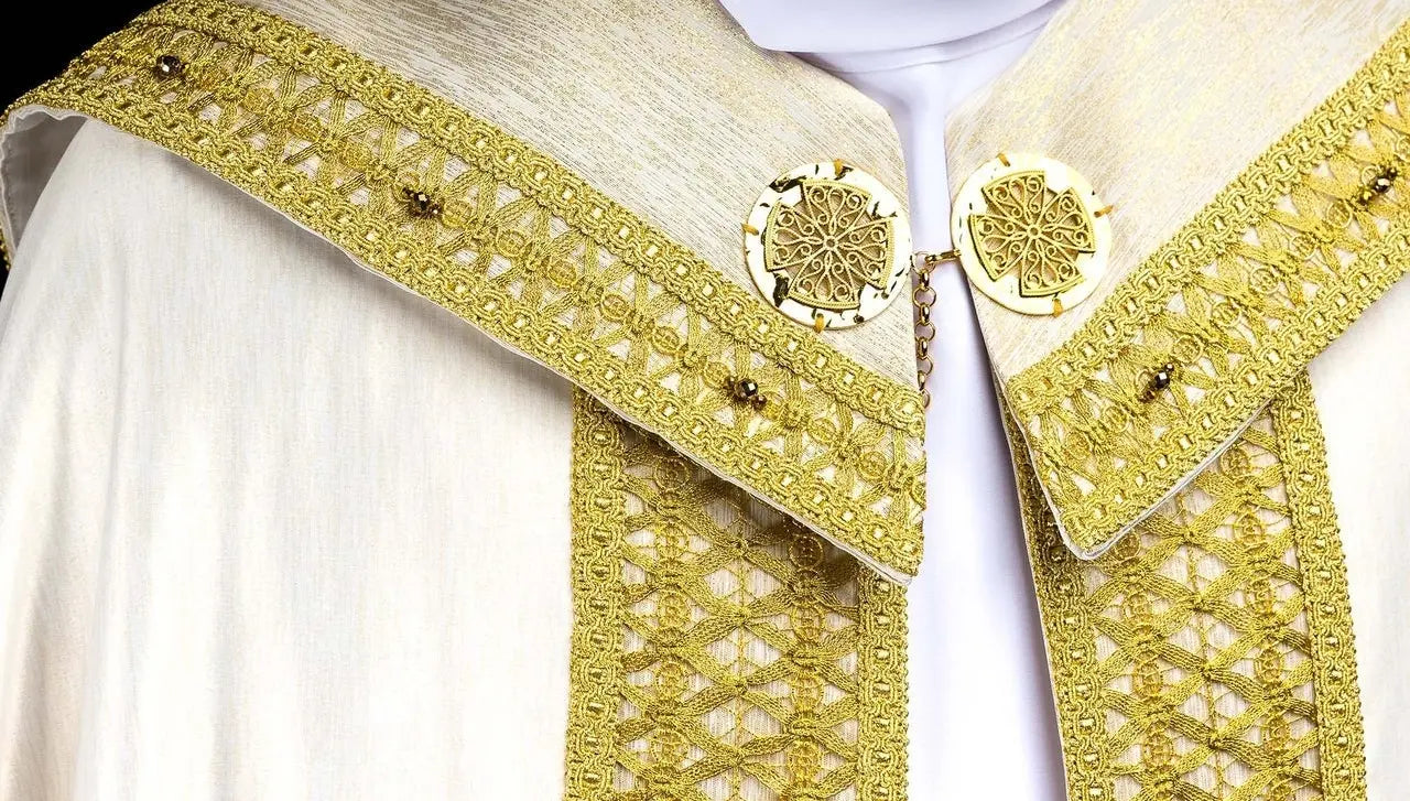 Handmade Ecru Cope with Gold Trims and Cross