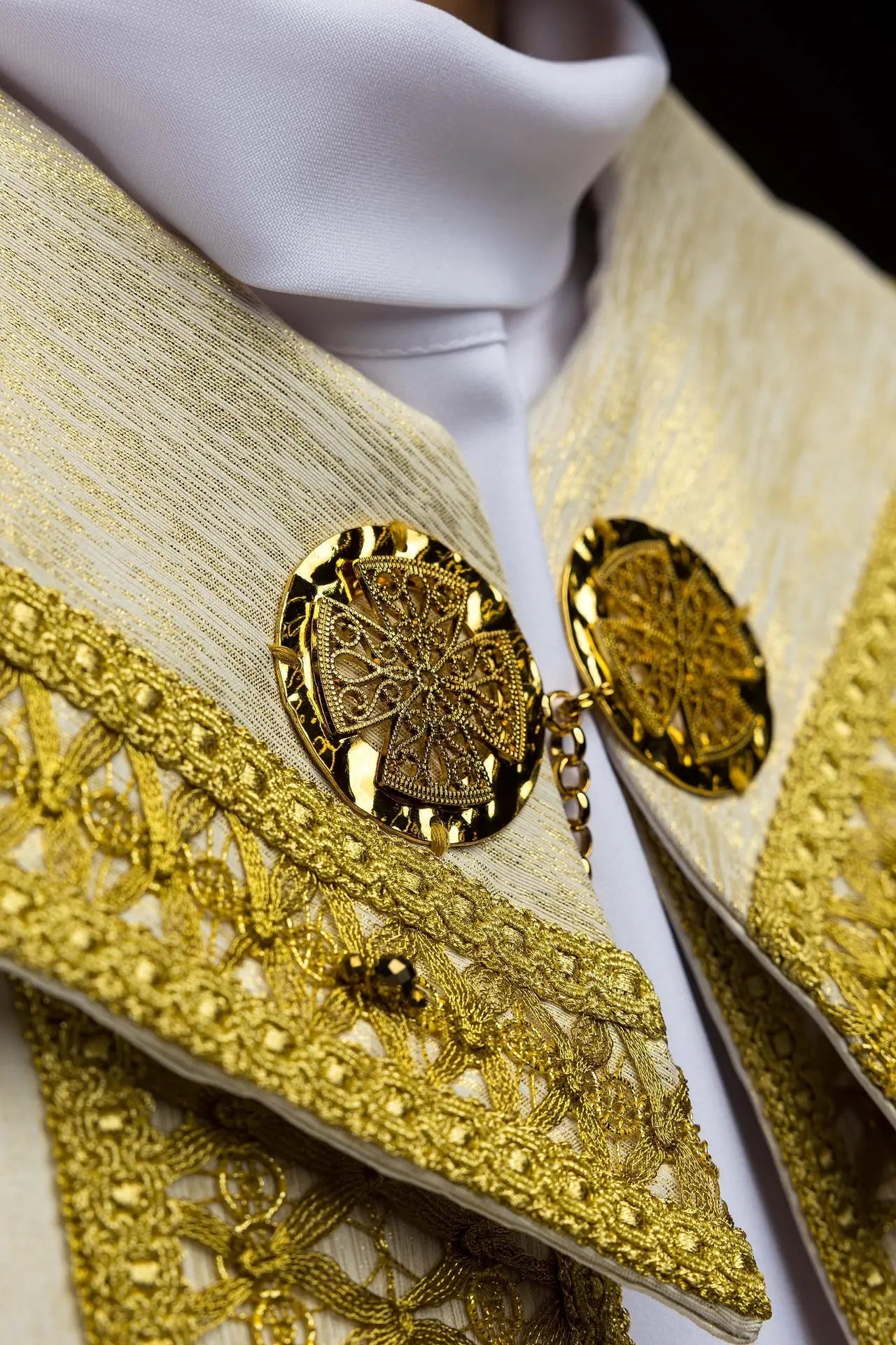 Handmade Ecru Cope with Gold Trims and Cross
