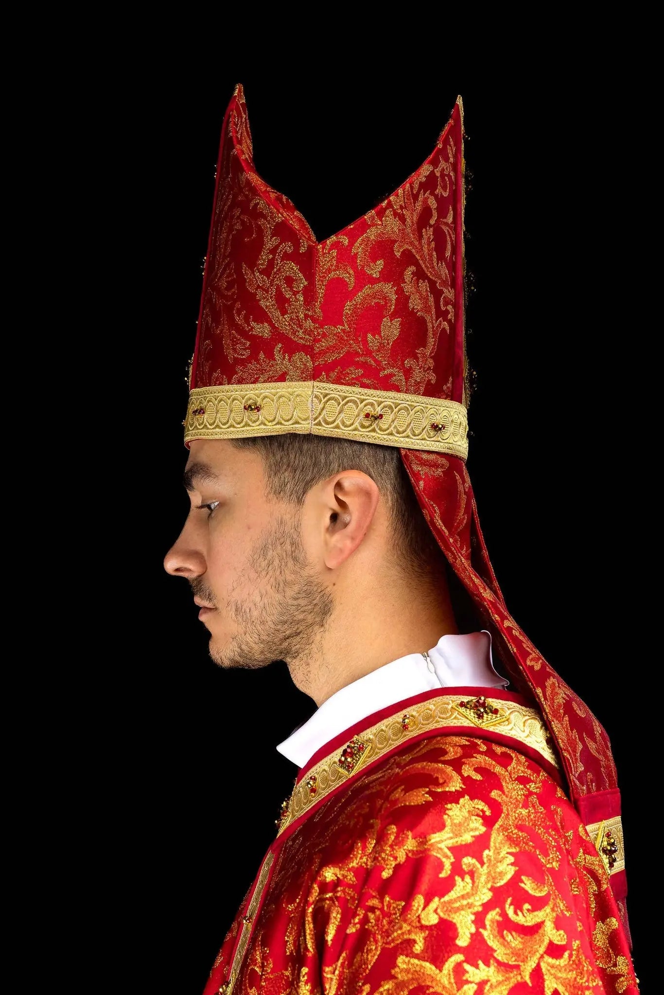 Handmade Red Bishop’s Mitre with Natural Stones and Gold Detailing