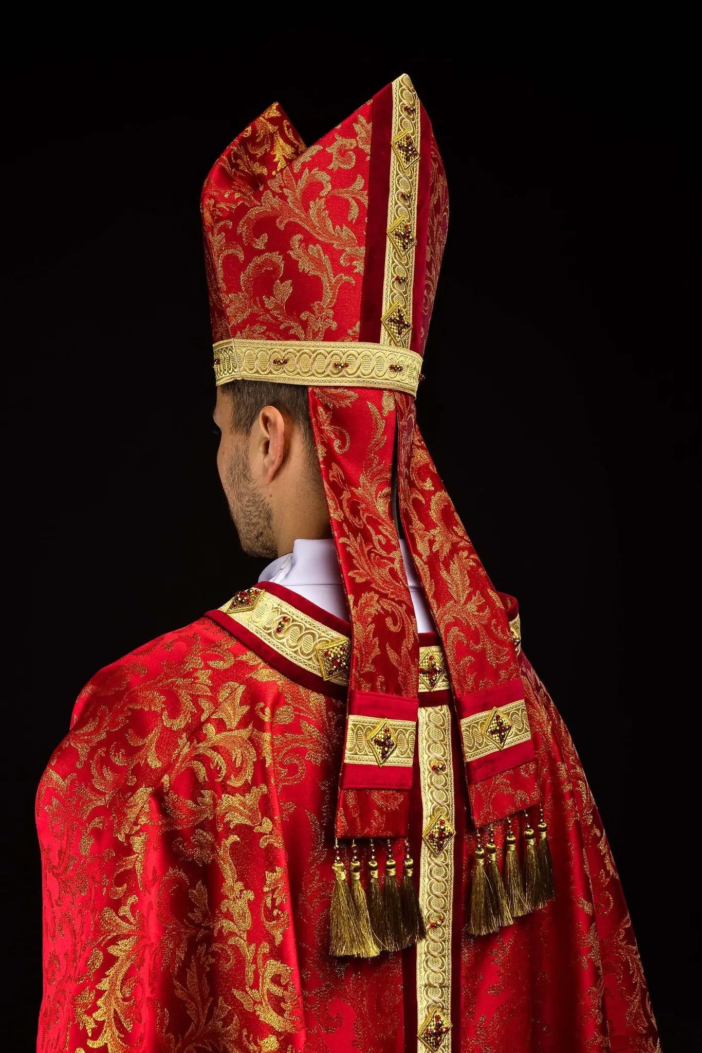 Handmade Red Bishop’s Mitre with Natural Stones and Gold Detailing