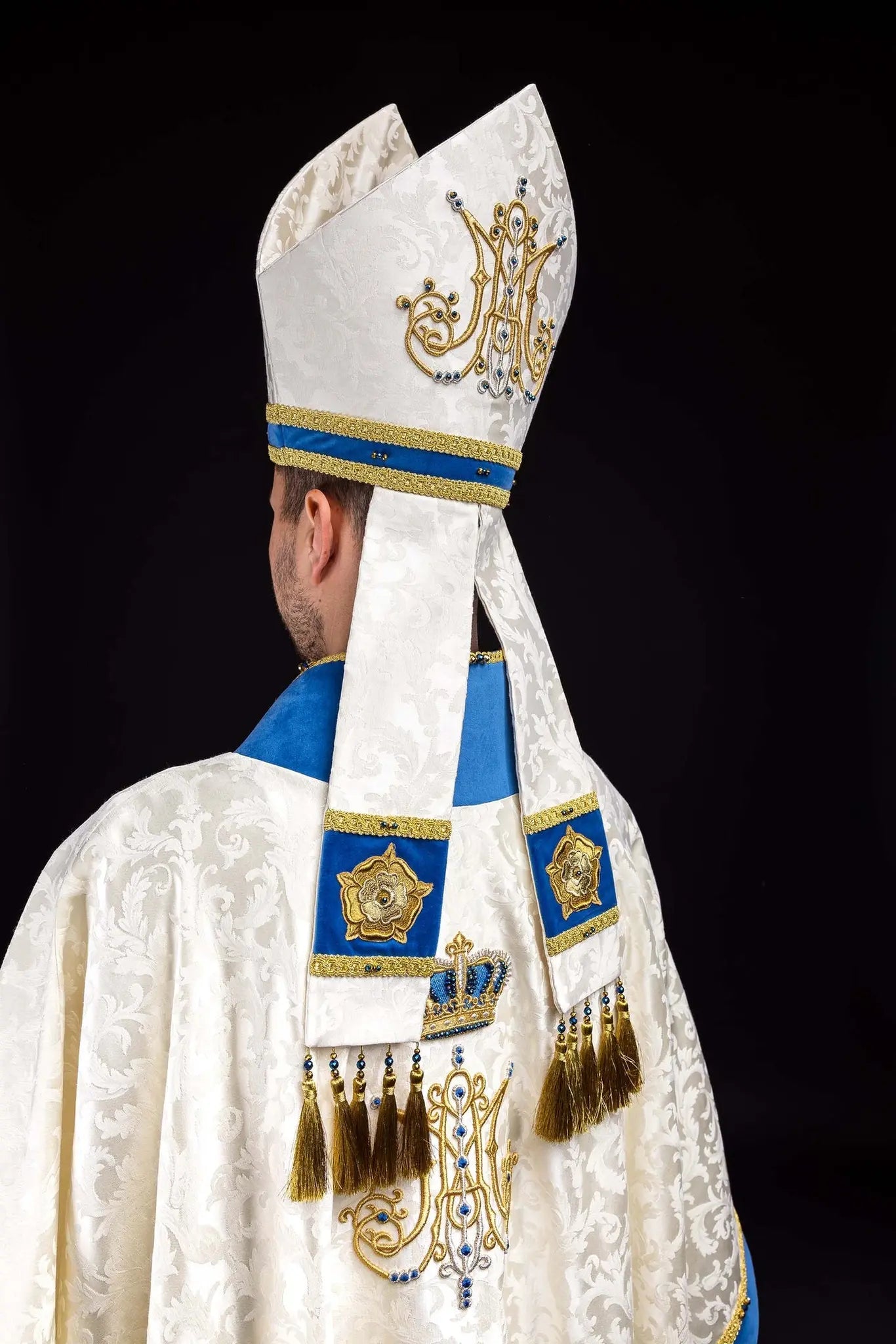 Handmade Marian Bishop’s Mitre in Ecru and Blue with Natural Stones