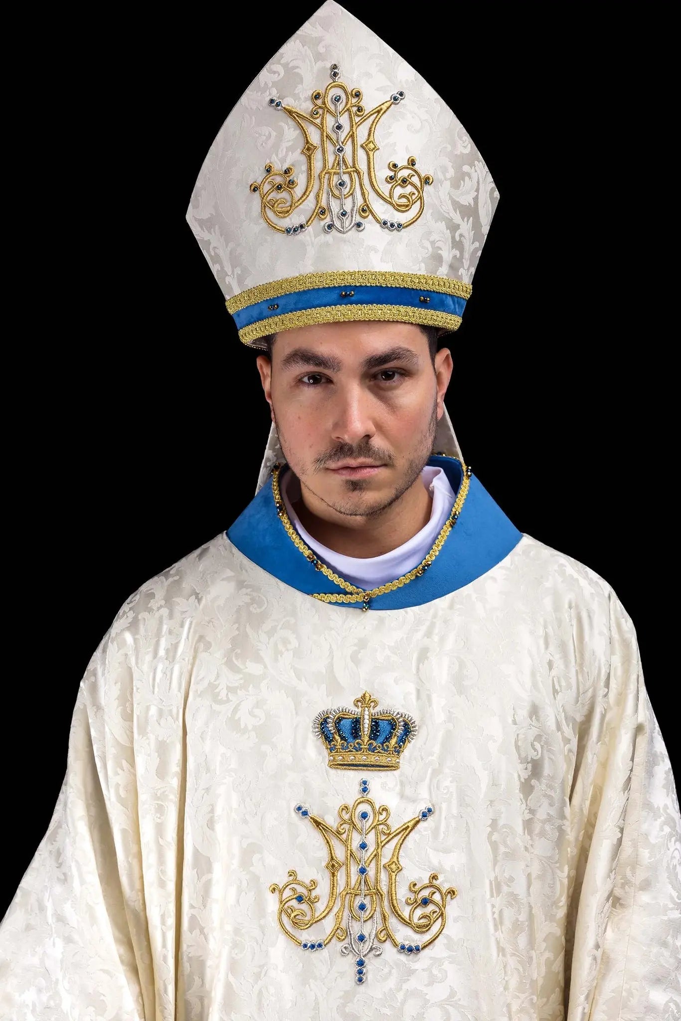Handmade Marian Bishop’s Mitre in Ecru and Blue with Natural Stones