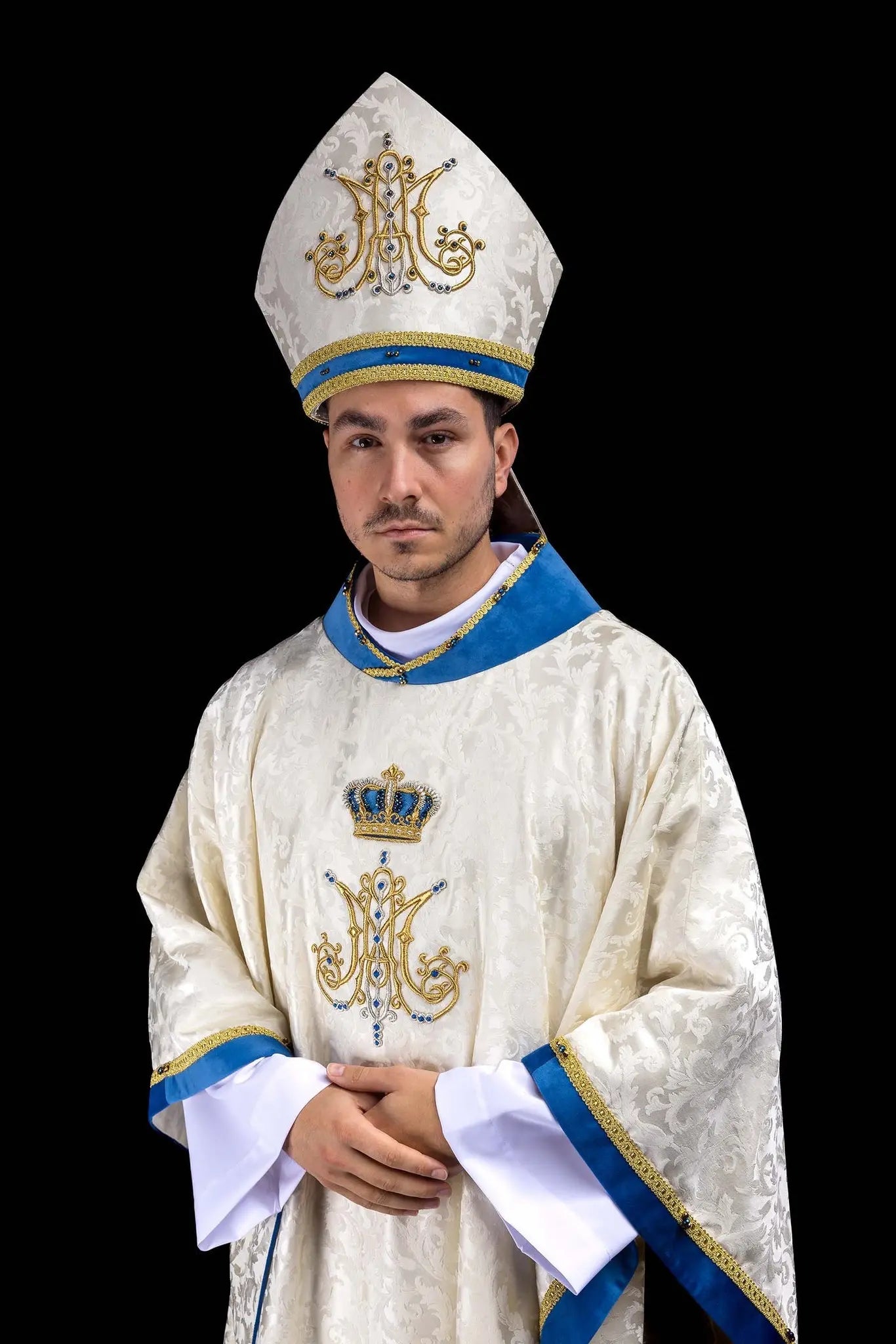 Handmade Marian Bishop’s Mitre in Ecru and Blue with Natural Stones