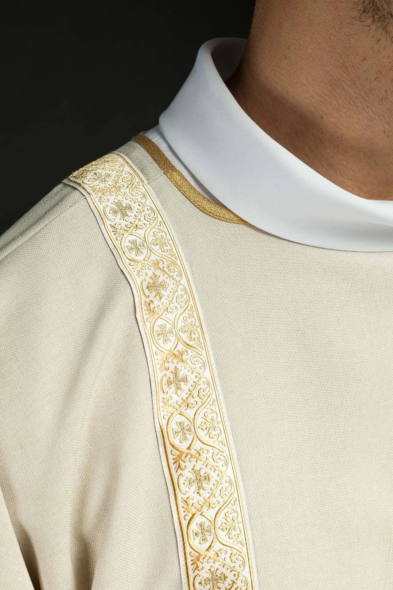Ecru Dalmatic Decorated with Gold Jacquard Ribbons