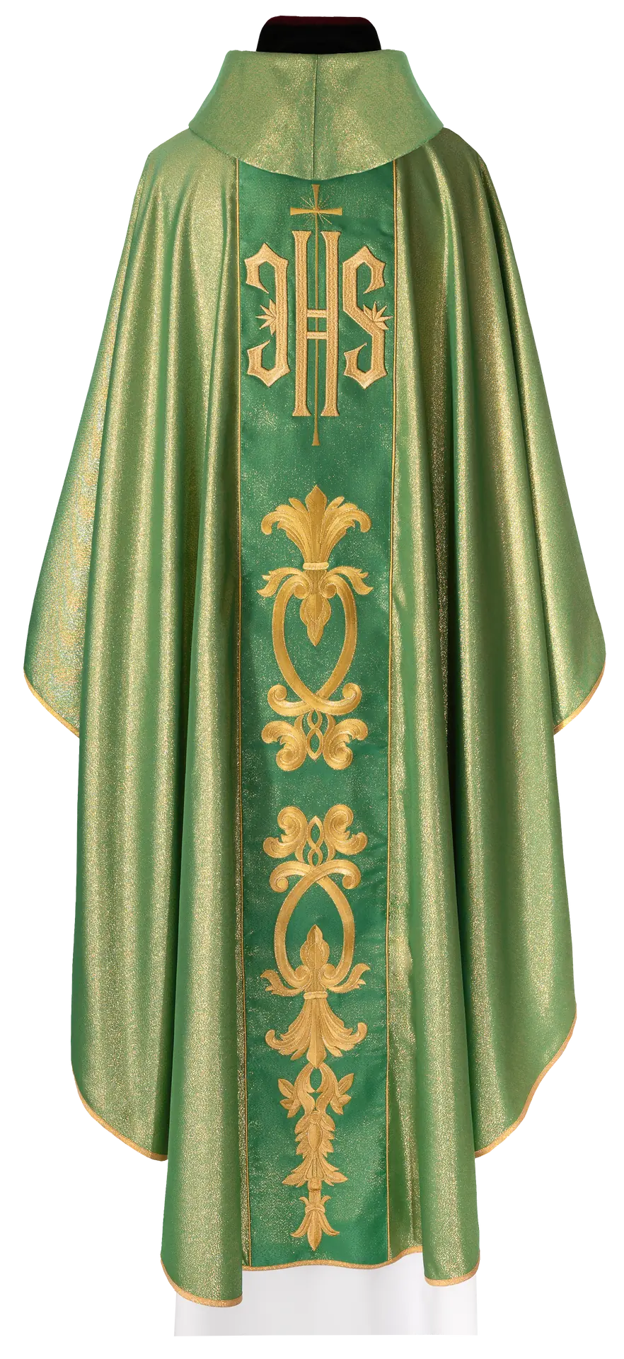 Richly decorated green chasuble with a gold motif and a wide IHS band