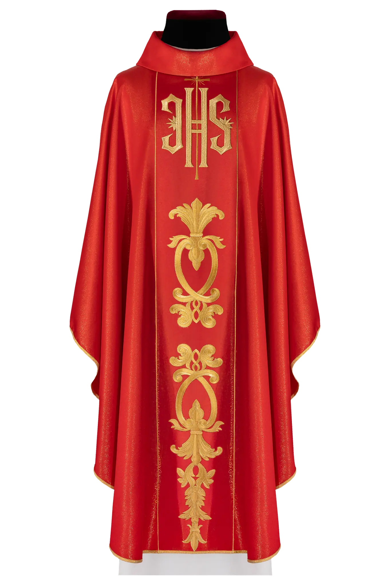 Red chasuble richly decorated with a gold motif and a wide IHS band