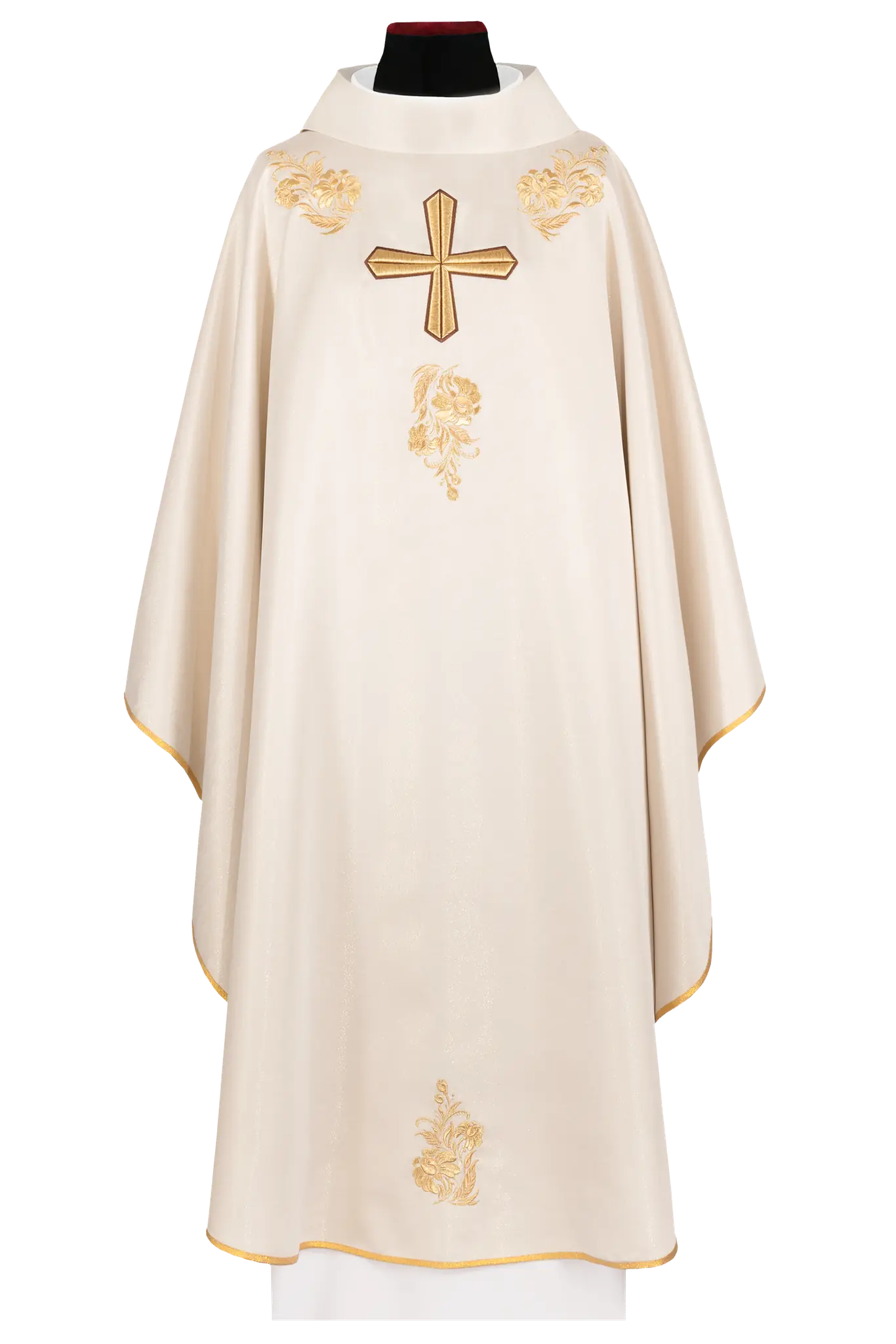 Chasuble with a richly embroidered cross and collar in ecru color