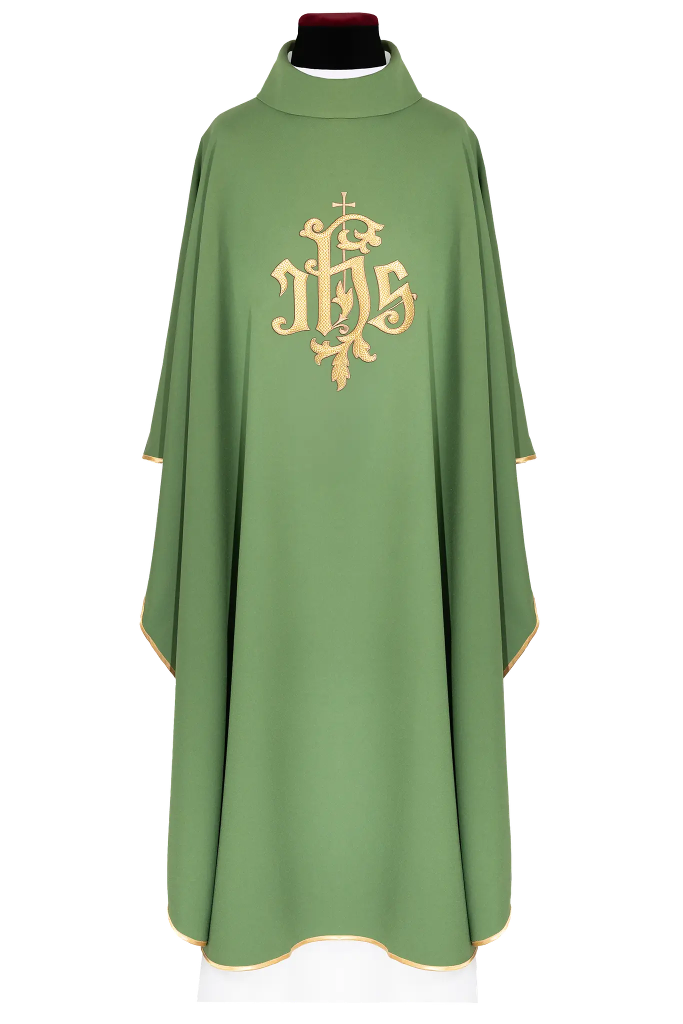 Green chasuble with gold IHS embroidery