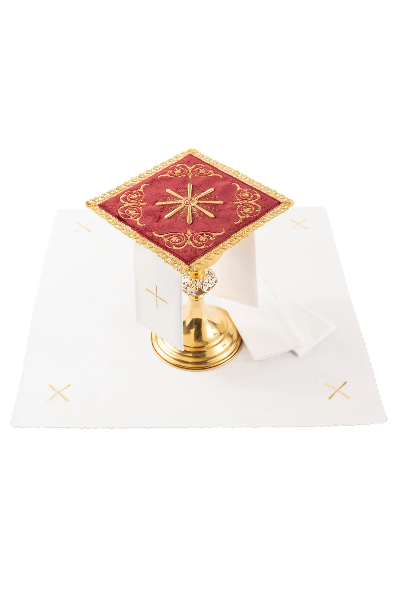 Embroidered chalice linens set red velvet