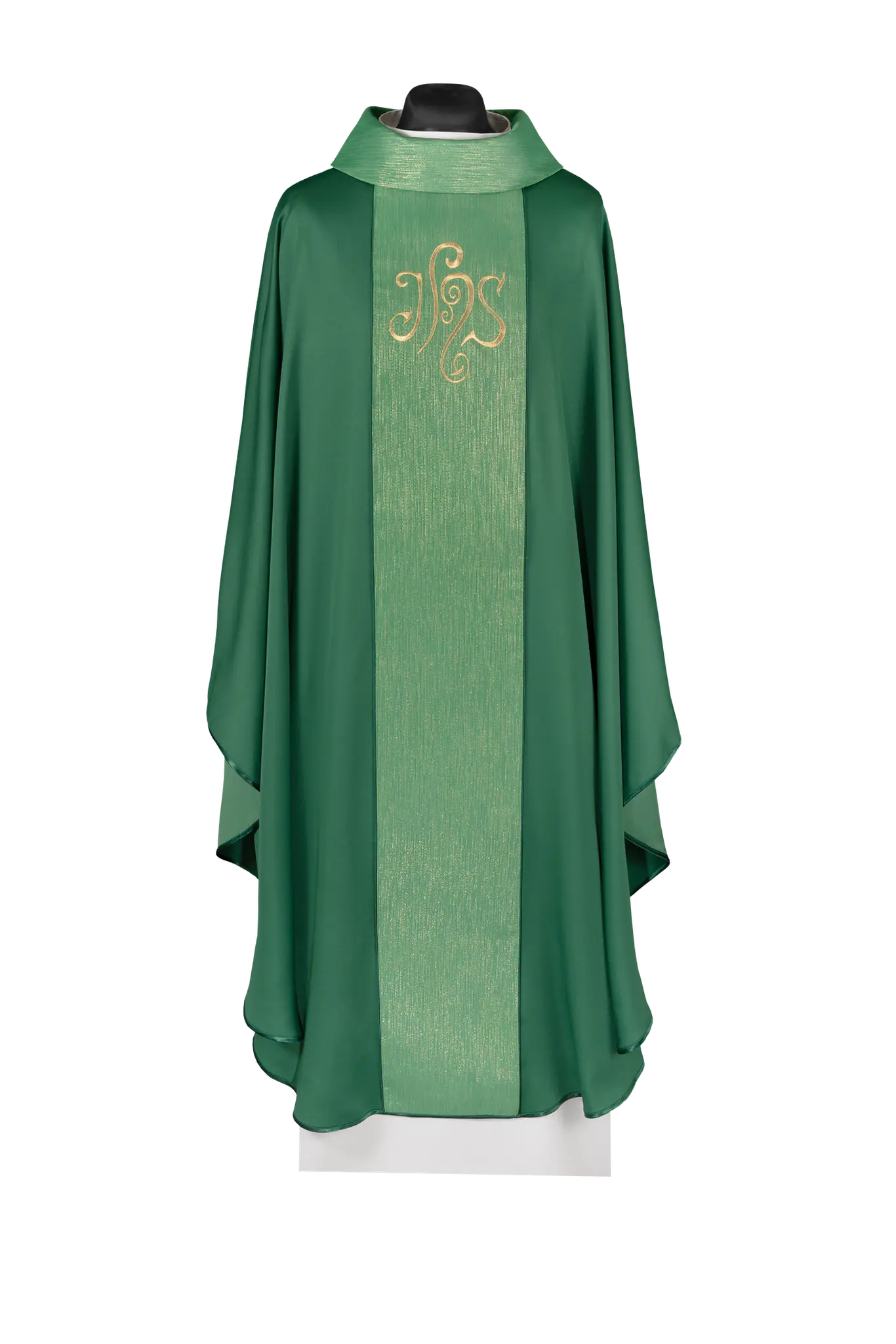 Green chasuble is decorated with a band and an embroidered IHS symbol
