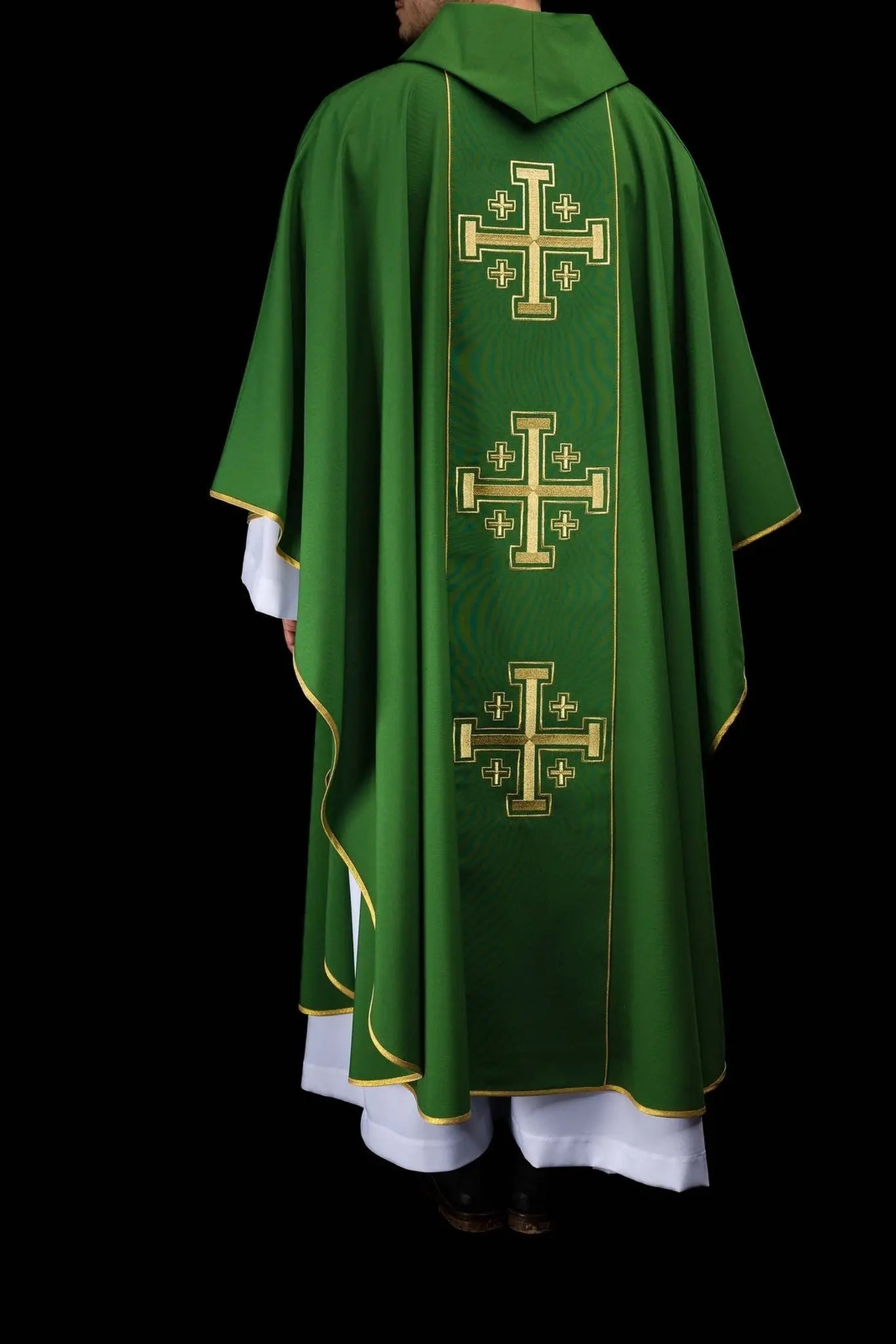 Green embroidered chasuble with band and Jerusalem crosses
