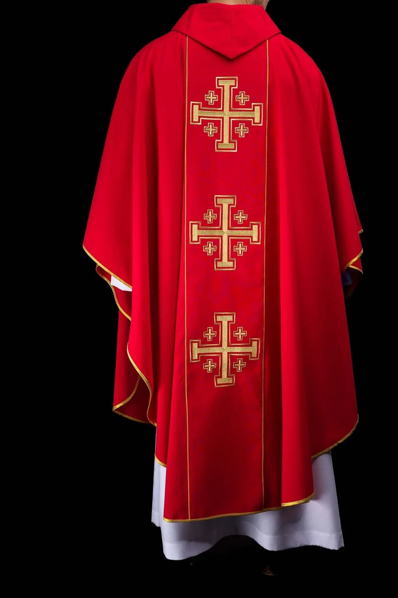 Red embroidered chasuble with band and Jerusalem crosses