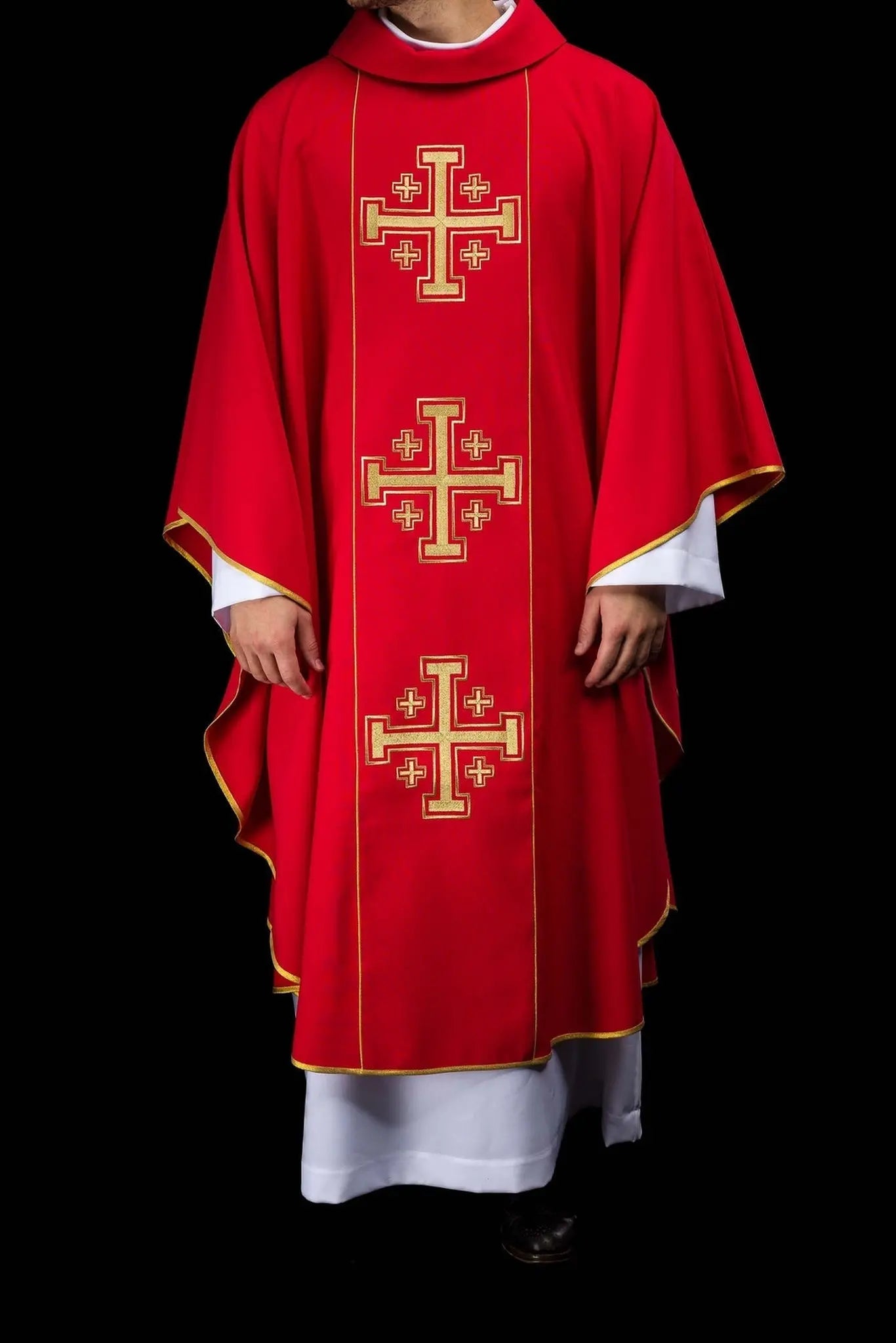 Red embroidered chasuble with band and Jerusalem crosses