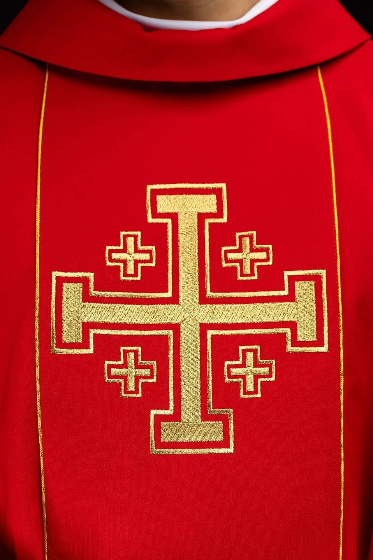 Red embroidered chasuble with band and Jerusalem crosses