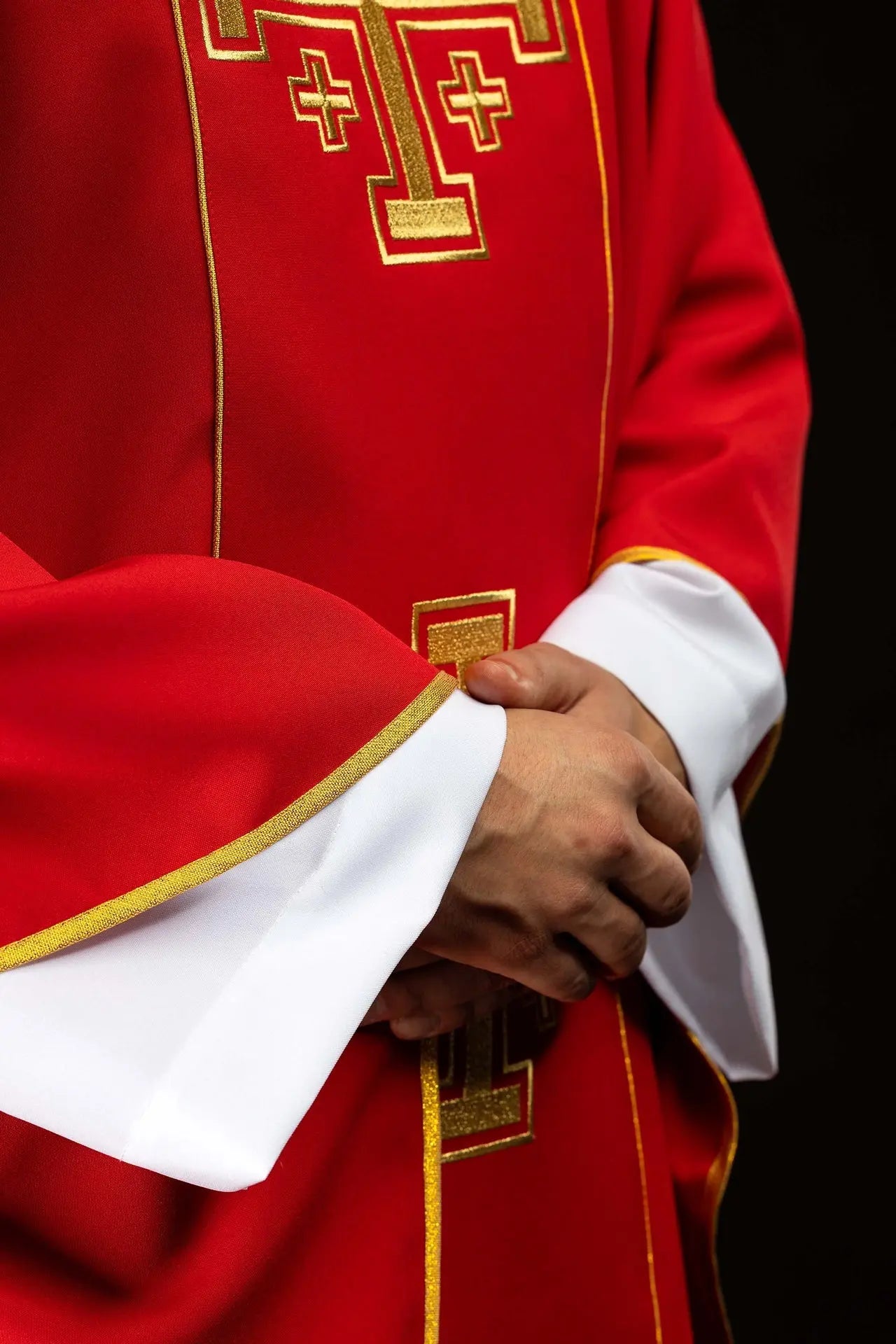 Red embroidered chasuble with band and Jerusalem crosses