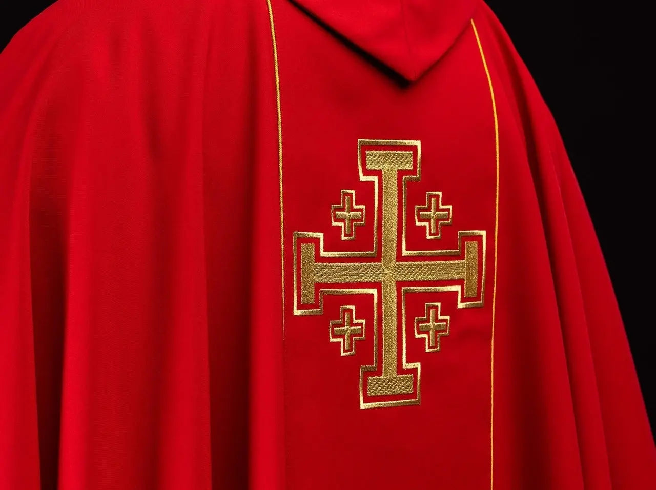 Red embroidered chasuble with band and Jerusalem crosses