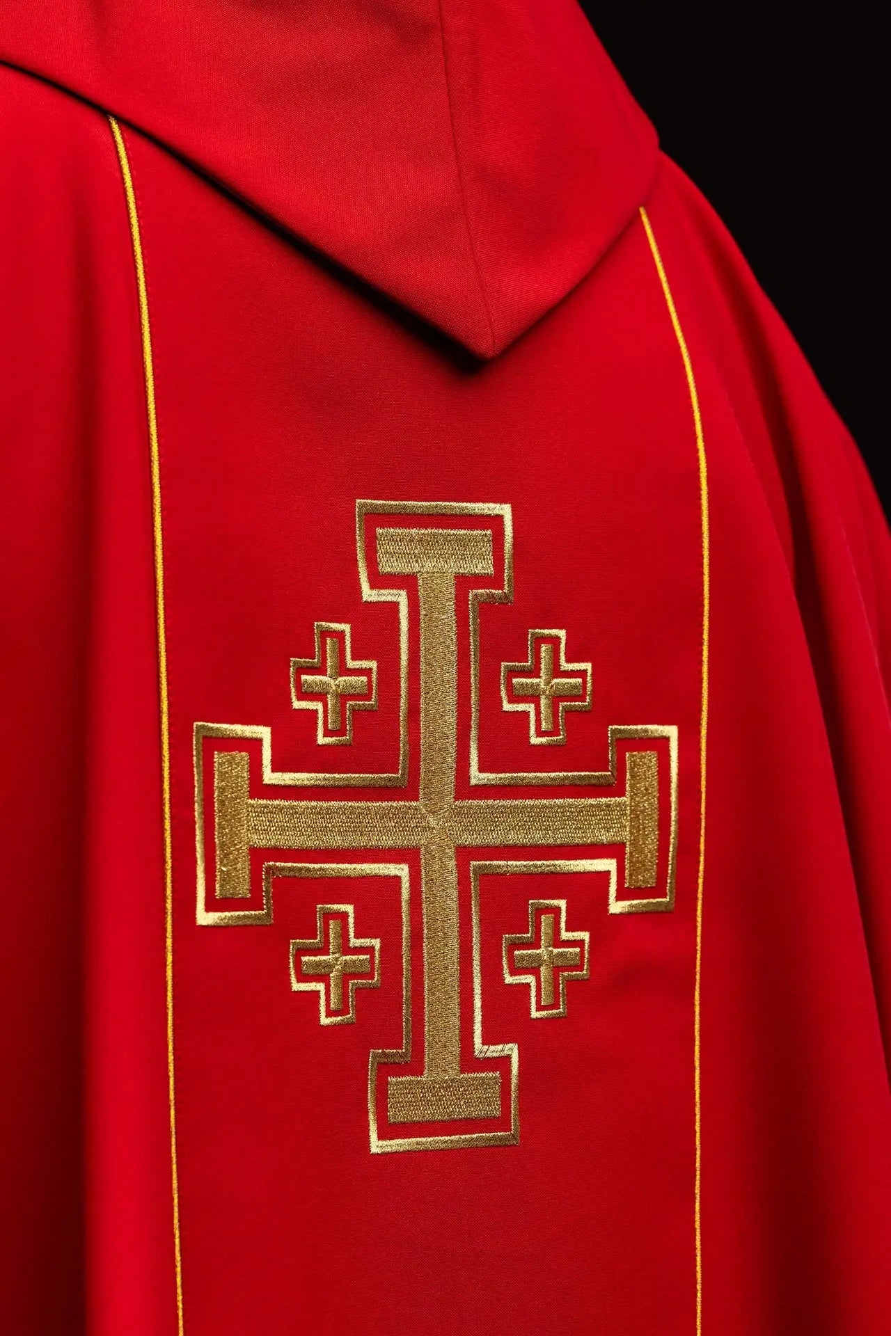 Red embroidered chasuble with band and Jerusalem crosses