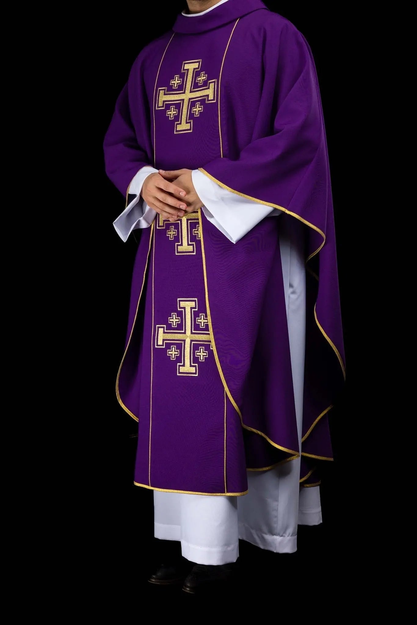 Purple embroidered chasuble with band and Jerusalem crosses