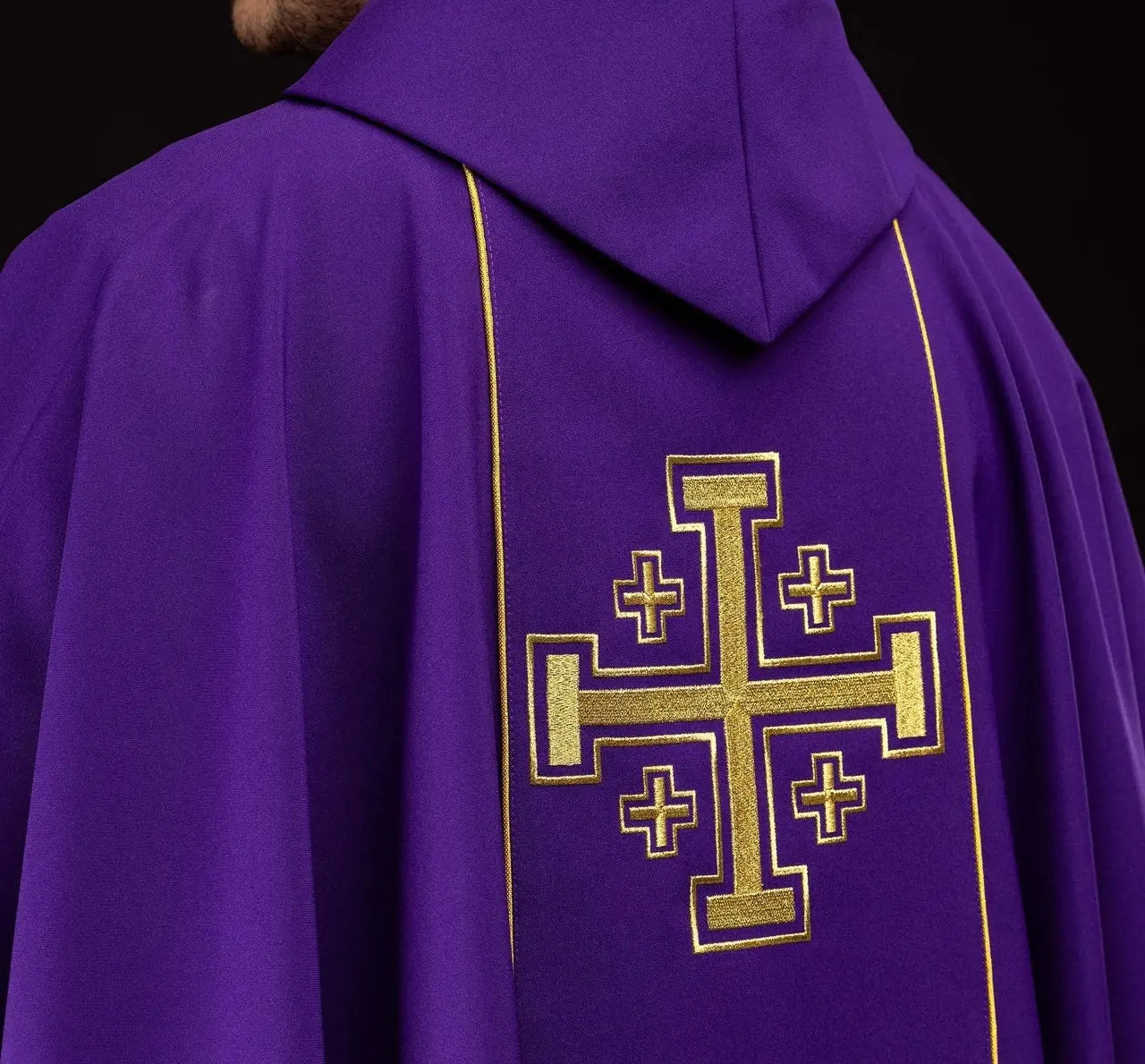 Purple embroidered chasuble with band and Jerusalem crosses