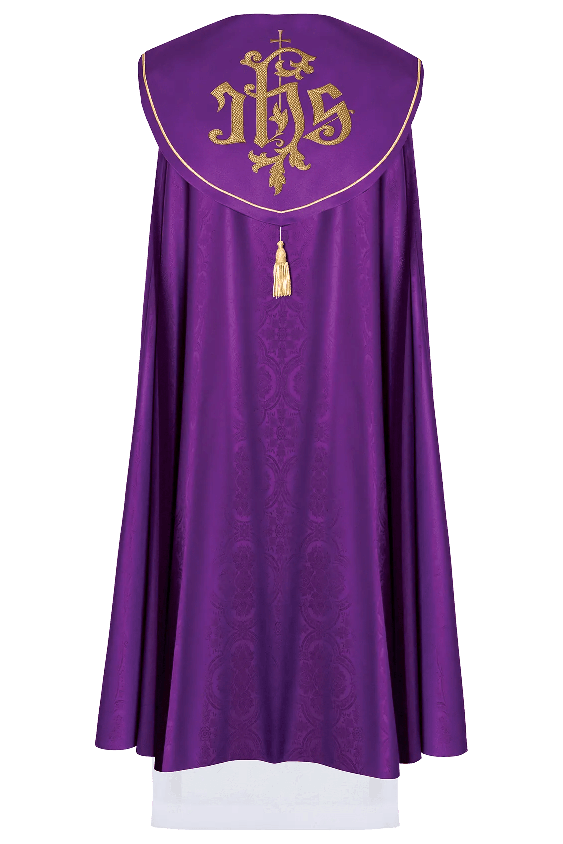 Fioletowa szata liturgiczna z złotym napisem IHS