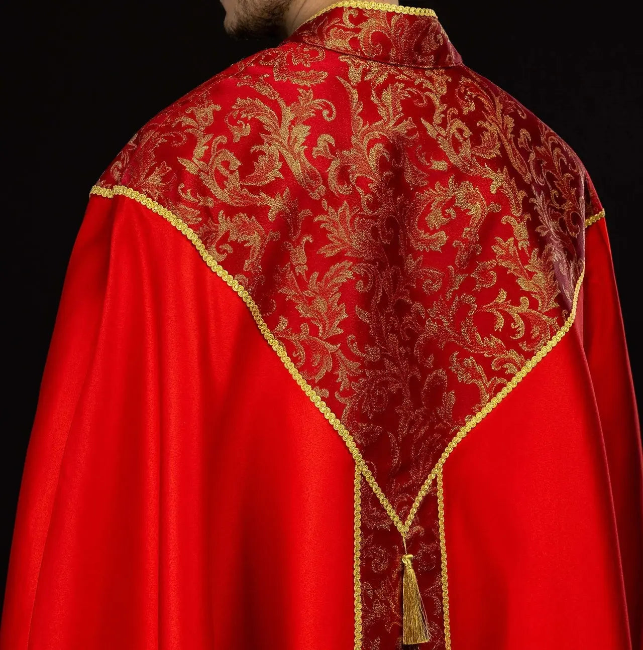 Red Liturgical Cope with Gold Jacquard Ornament
