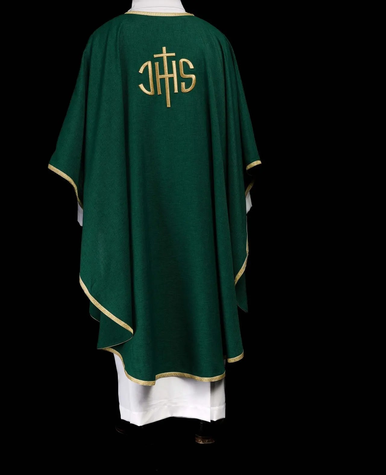 Green liturgical chasuble with a gold IHS embroidery