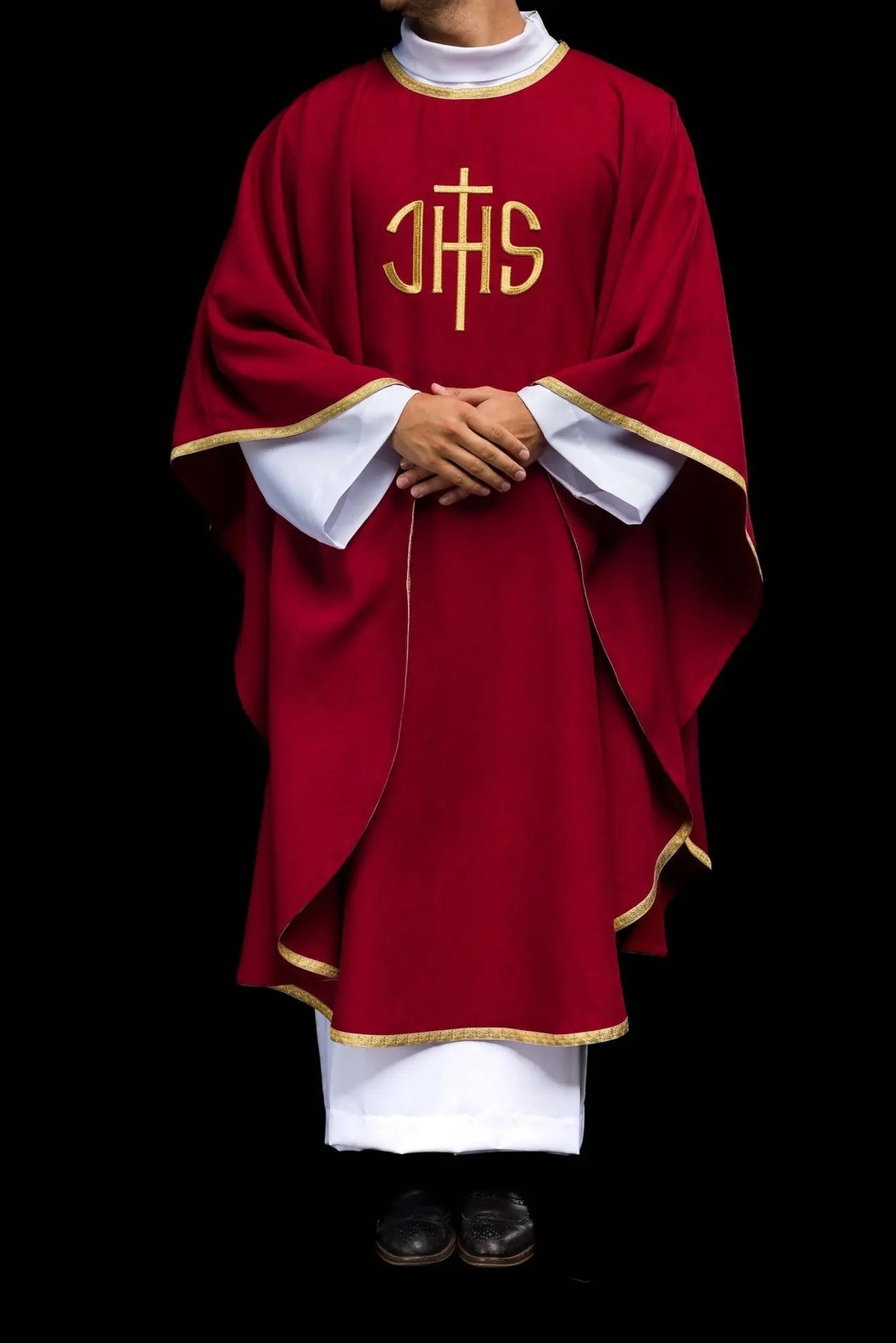 Red Liturgical Chasuble with Gold IHS Embroidery