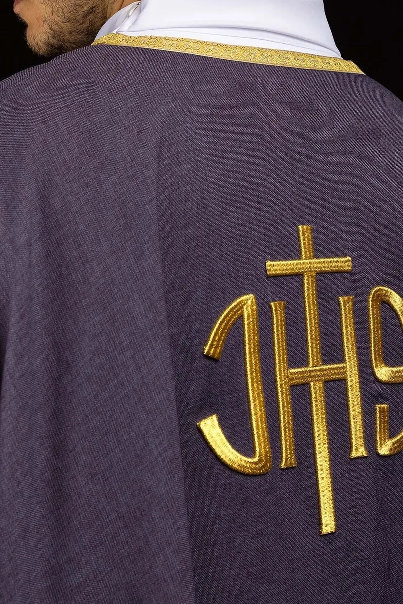 Purple liturgical chasuble with gold IHS embroidery