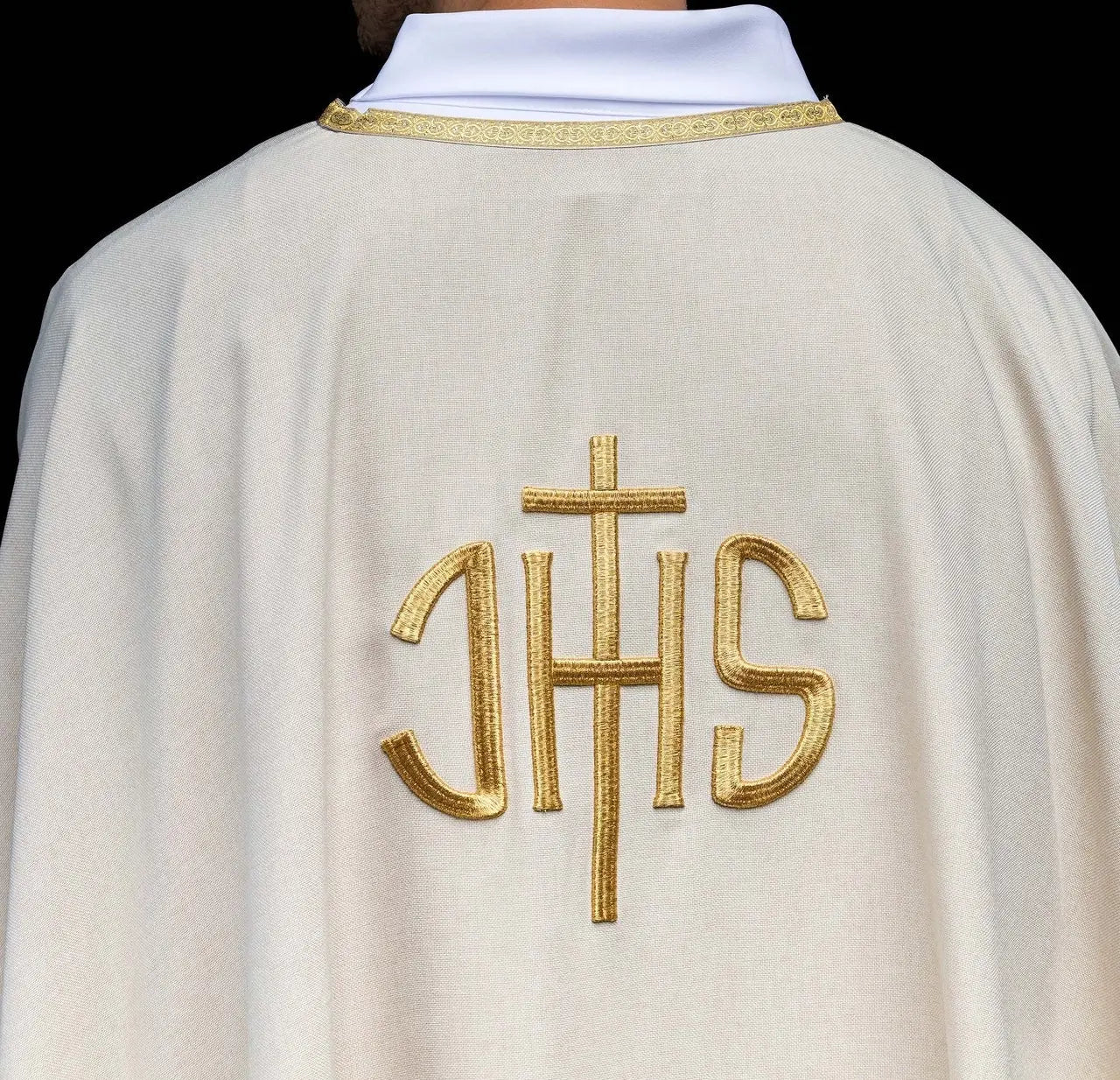 Ecru Liturgical Chasuble with Gold IHS Embroidery