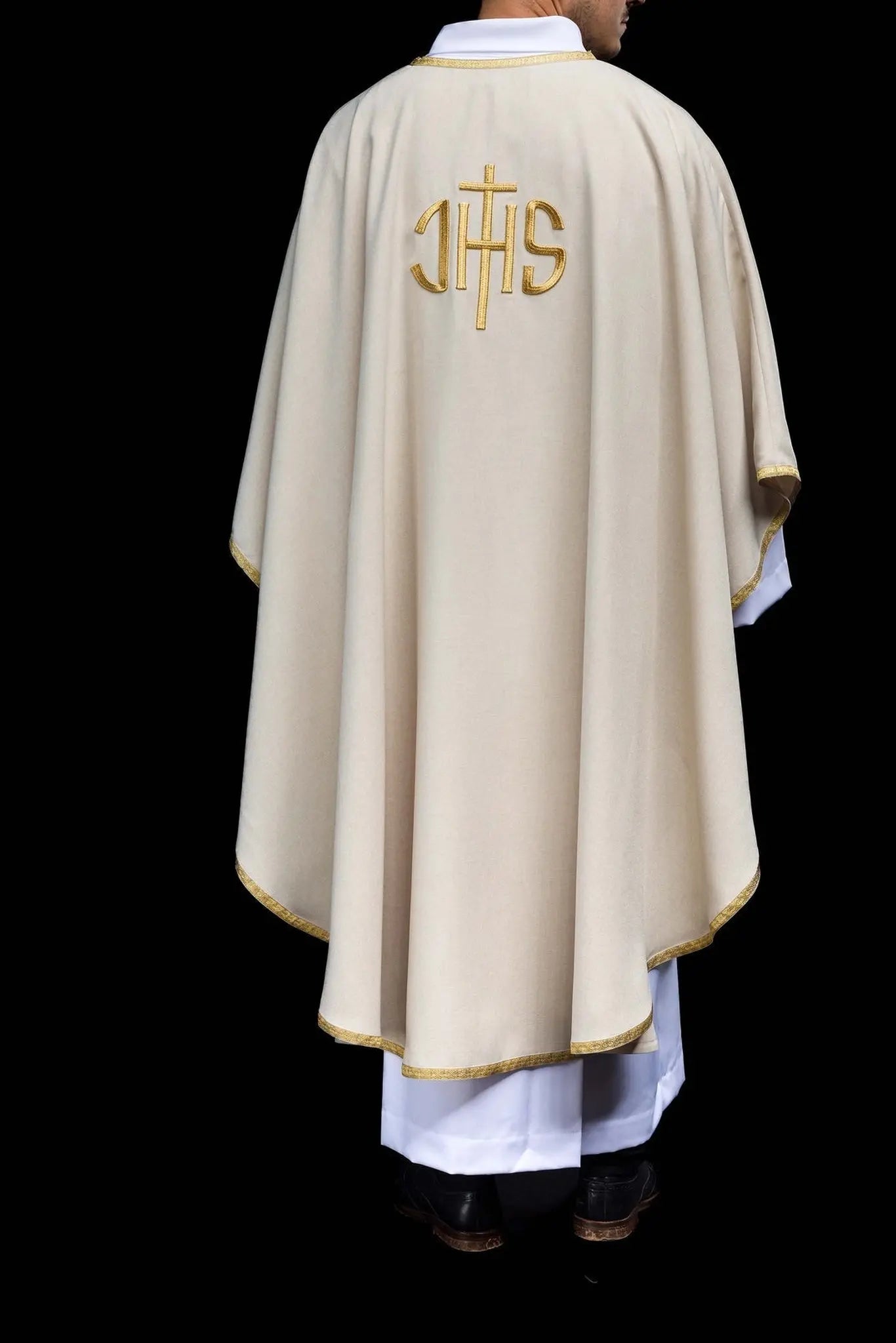 Ecru Liturgical Chasuble with Gold IHS Embroidery