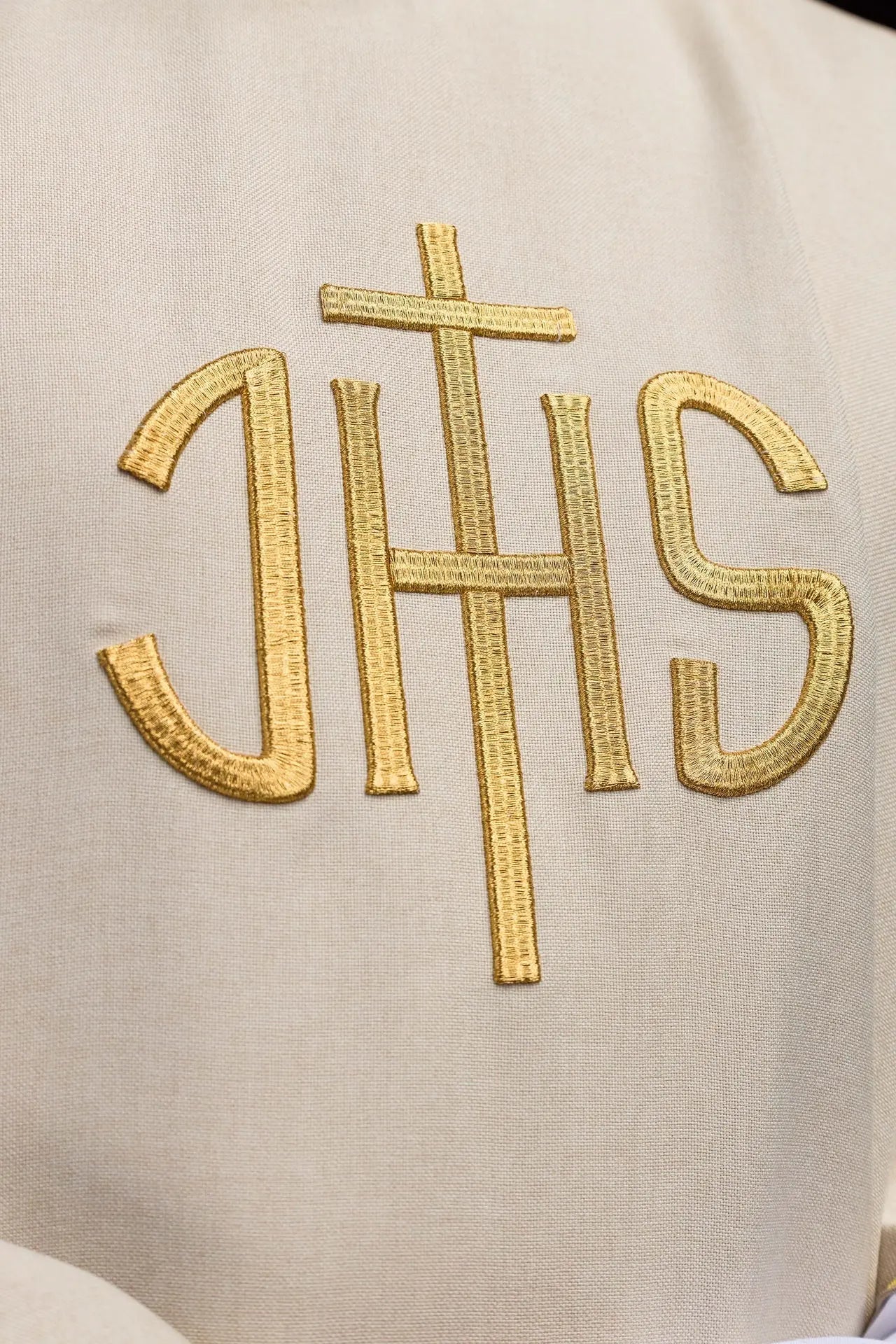 Ecru Liturgical Chasuble with Gold IHS Embroidery
