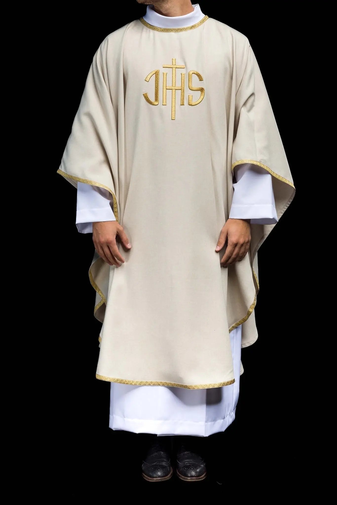 Ecru Liturgical Chasuble with Gold IHS Embroidery