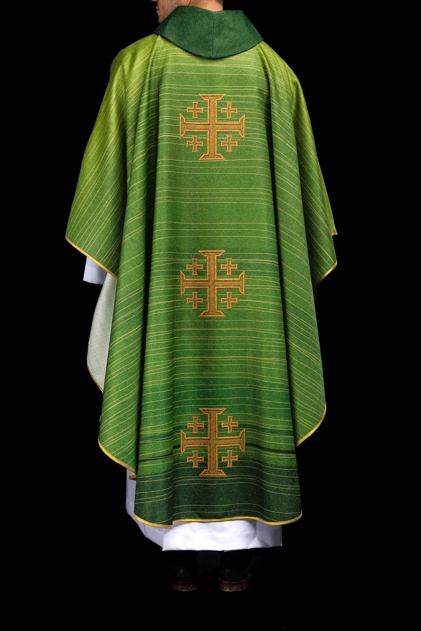 Green printed chasuble with the Jerusalem Cross
