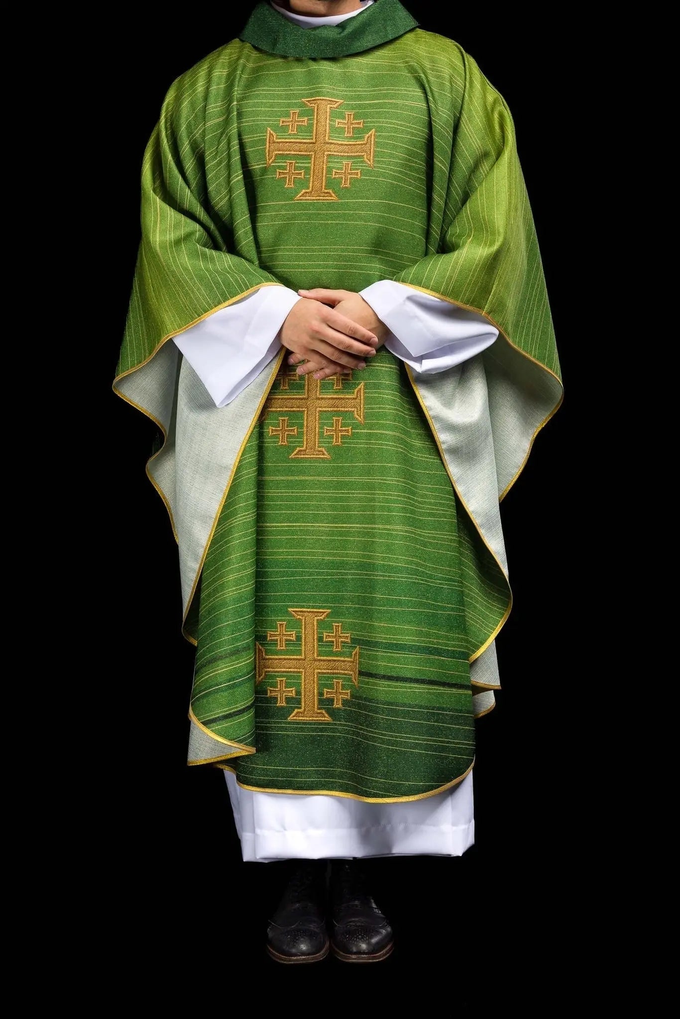Green printed chasuble with the Jerusalem Cross