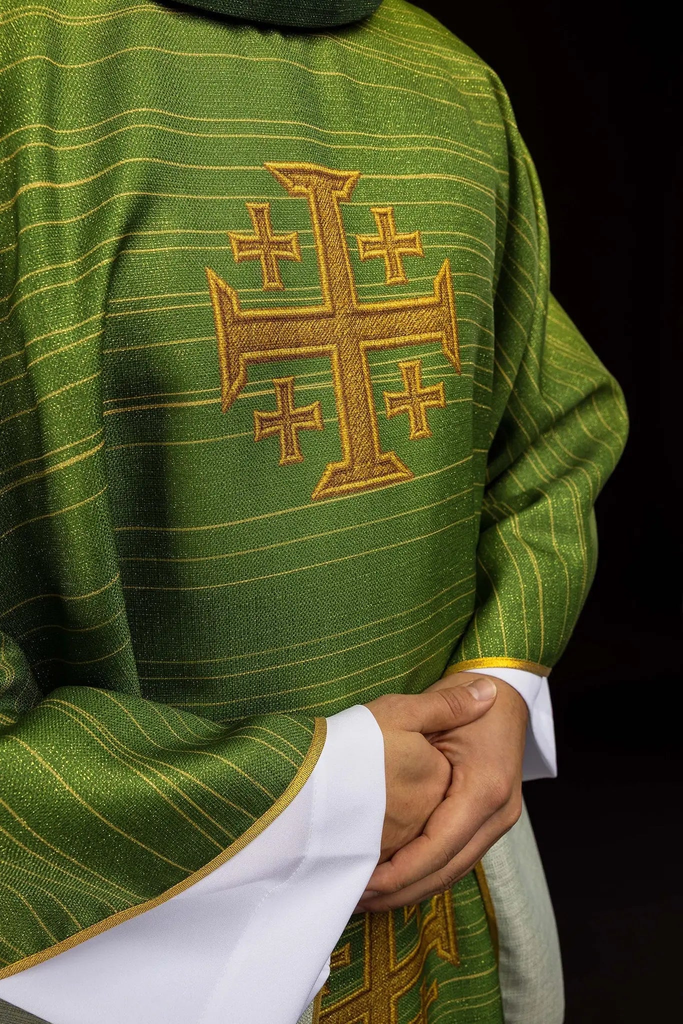 Green printed chasuble with the Jerusalem Cross