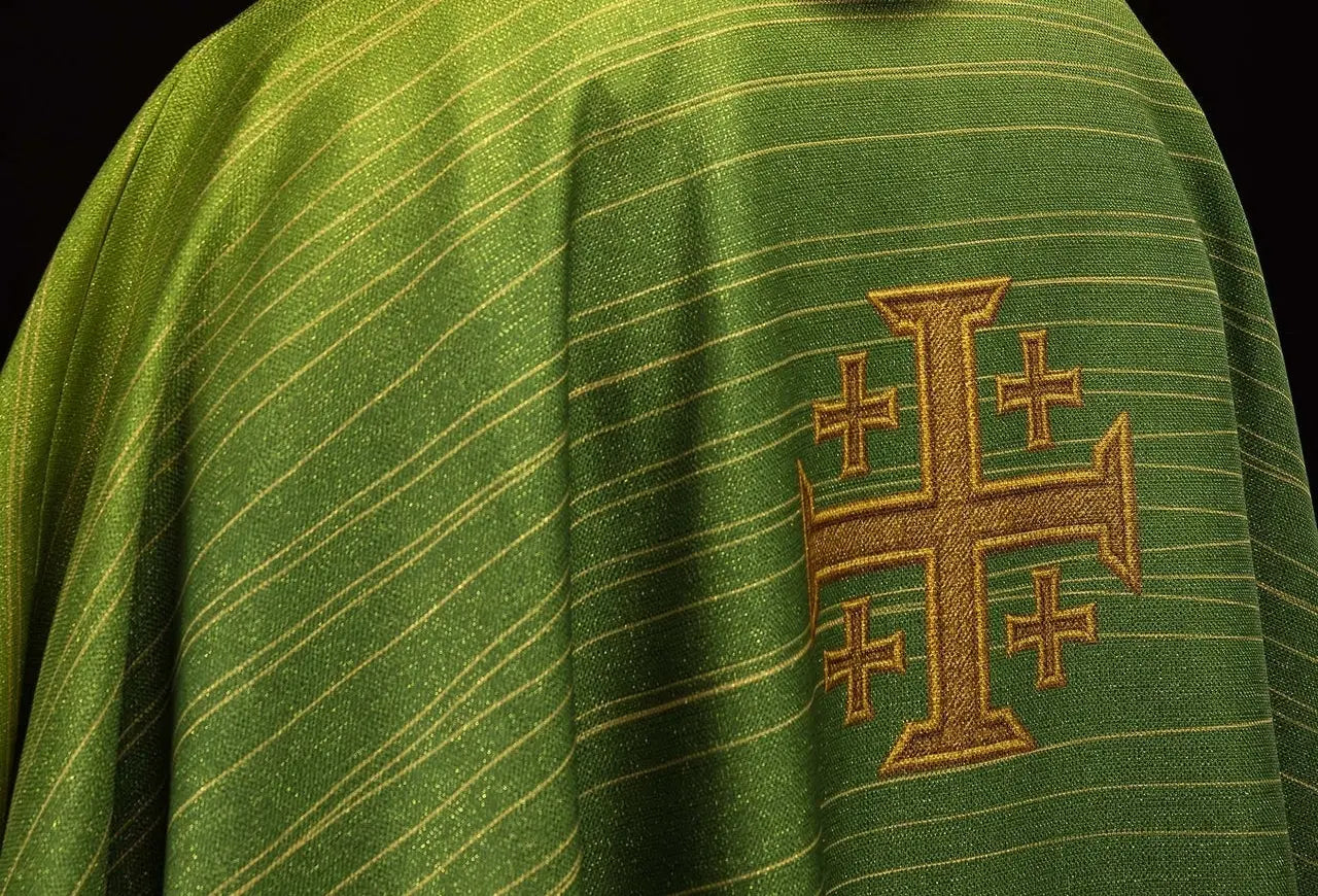 Green printed chasuble with the Jerusalem Cross
