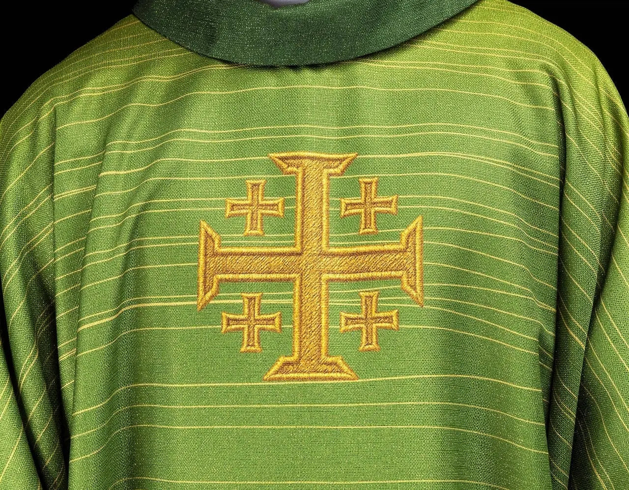 Green printed chasuble with the Jerusalem Cross