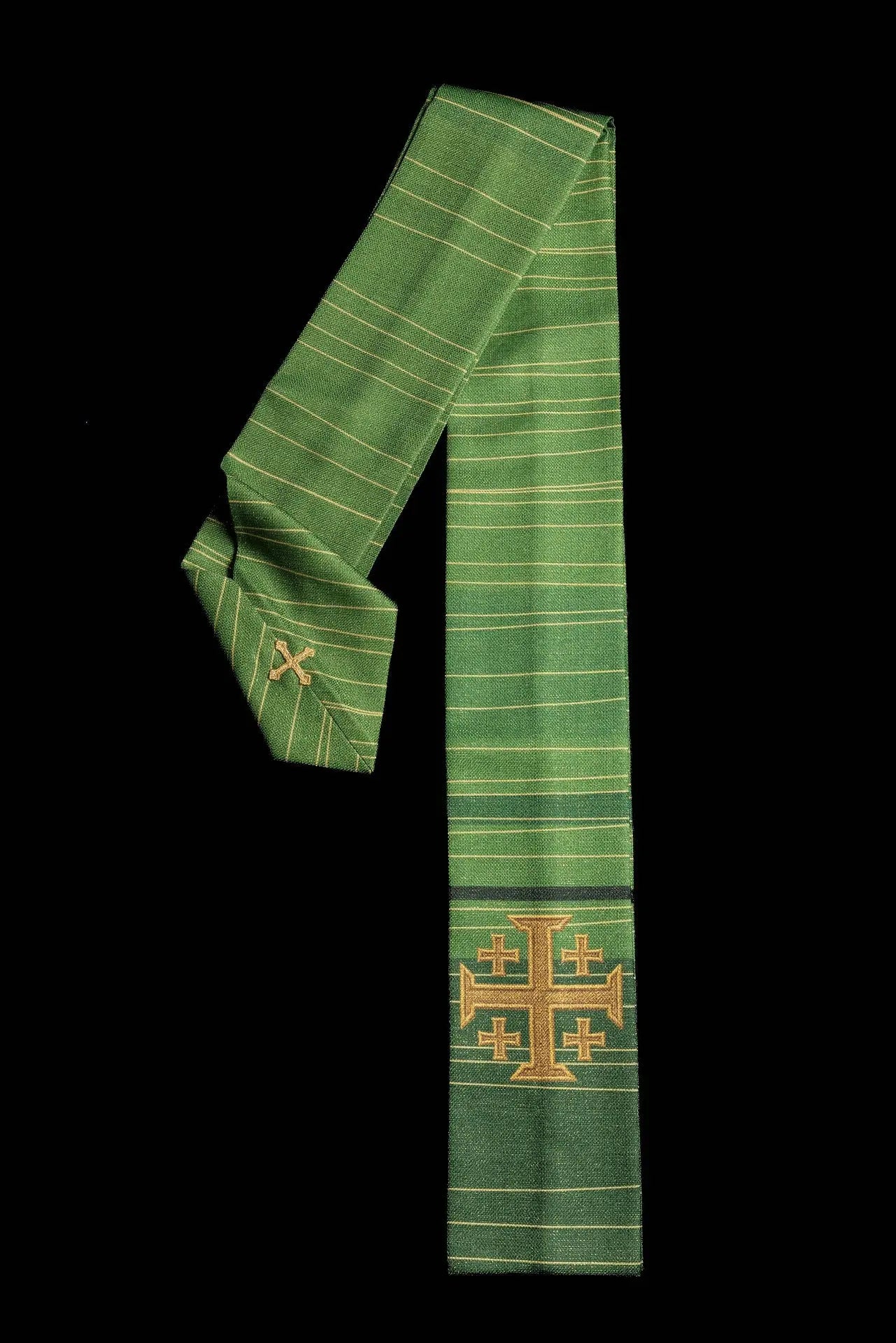 Green printed chasuble with the Jerusalem Cross