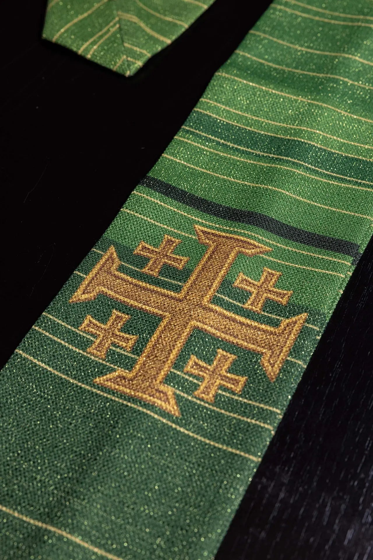 Green printed chasuble with the Jerusalem Cross