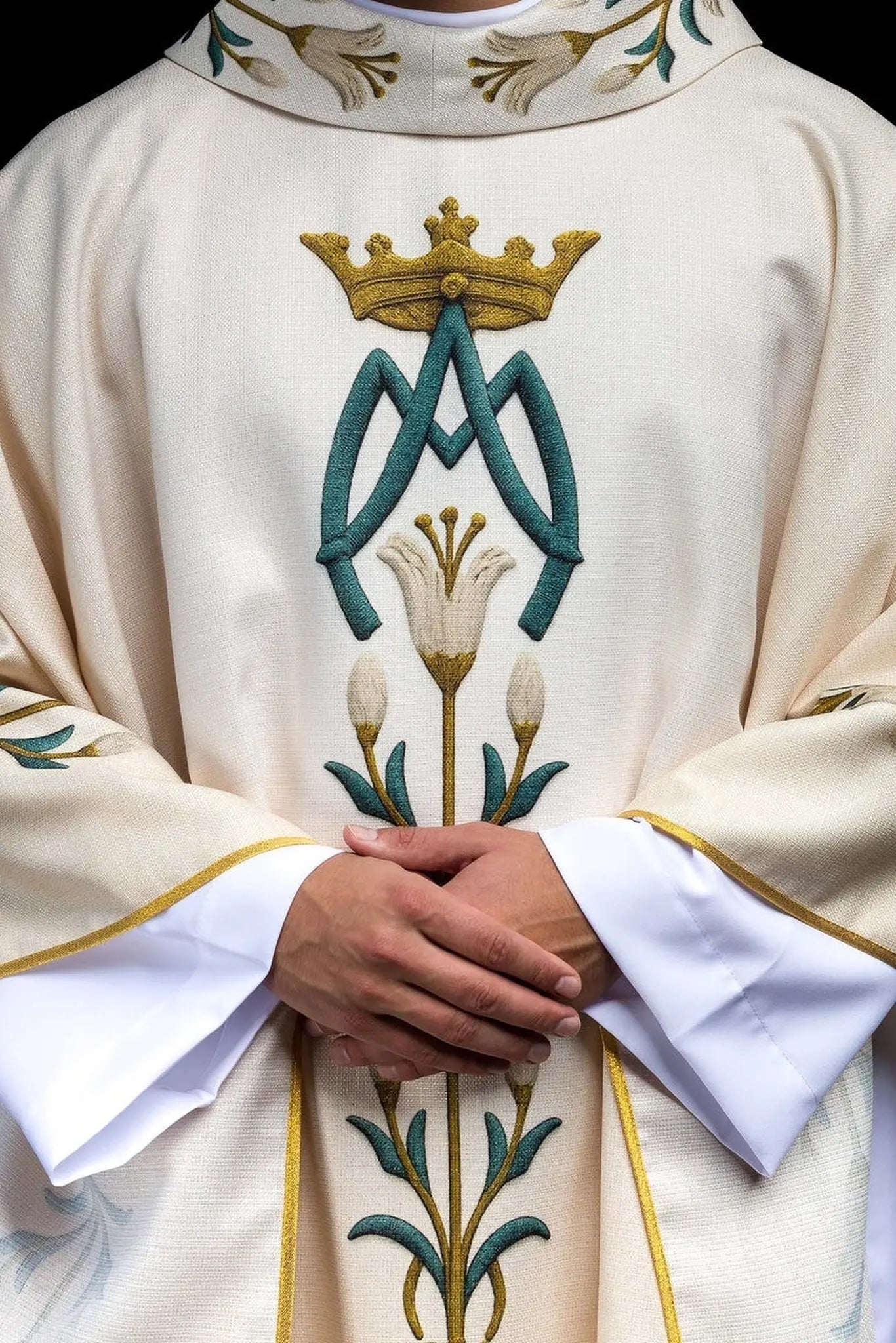 Ornat maryjny z nadrukiem lilii i monogramem ecru
