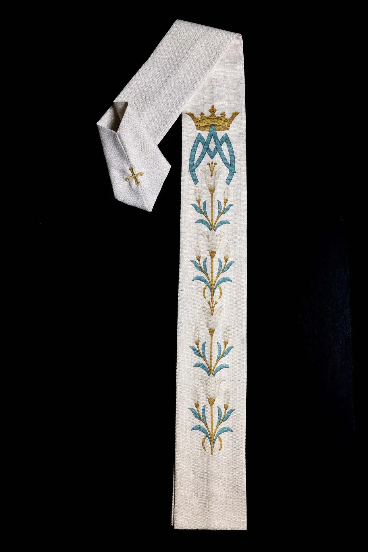 Marian printed chasuble with lily pattern and monogram ecru
