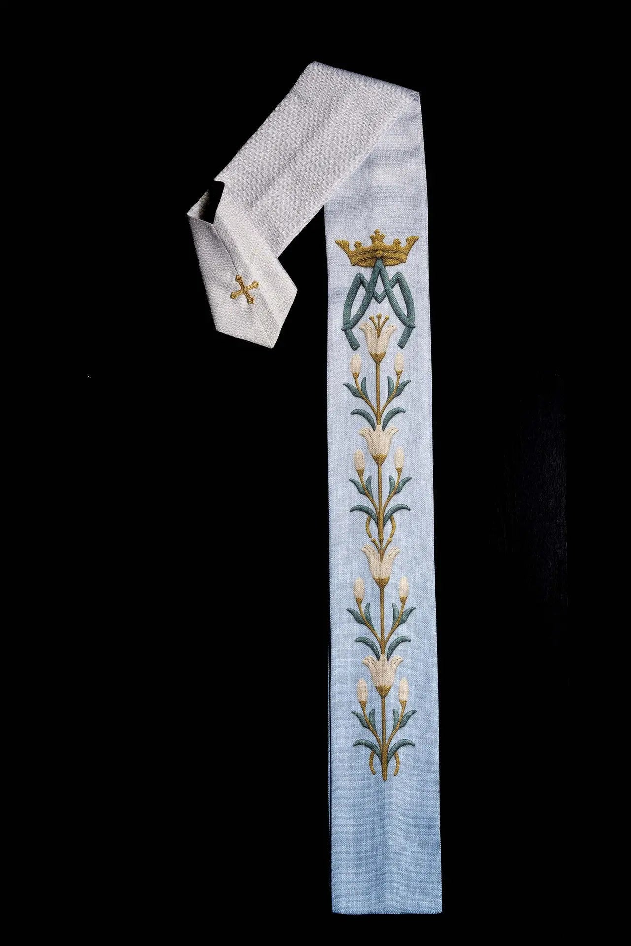 Marian printed chasuble with lily pattern and monogram blue–ecru