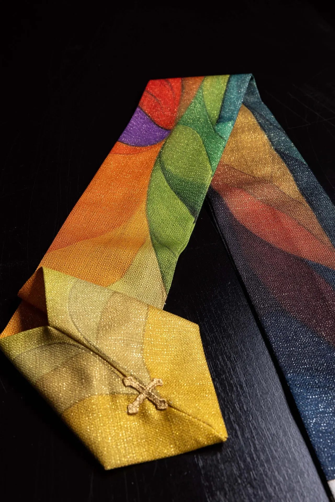 Multicolored printed chasuble with a cross motif